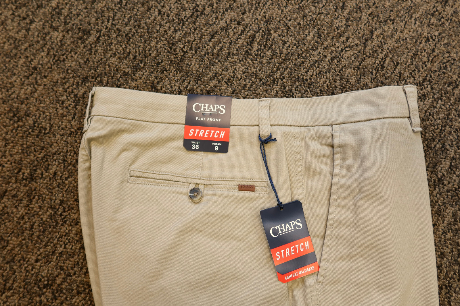 New Chaps Men’s Flat Front Stretch 9″ Shorts with Comfort Waistband – 36 – Khaki