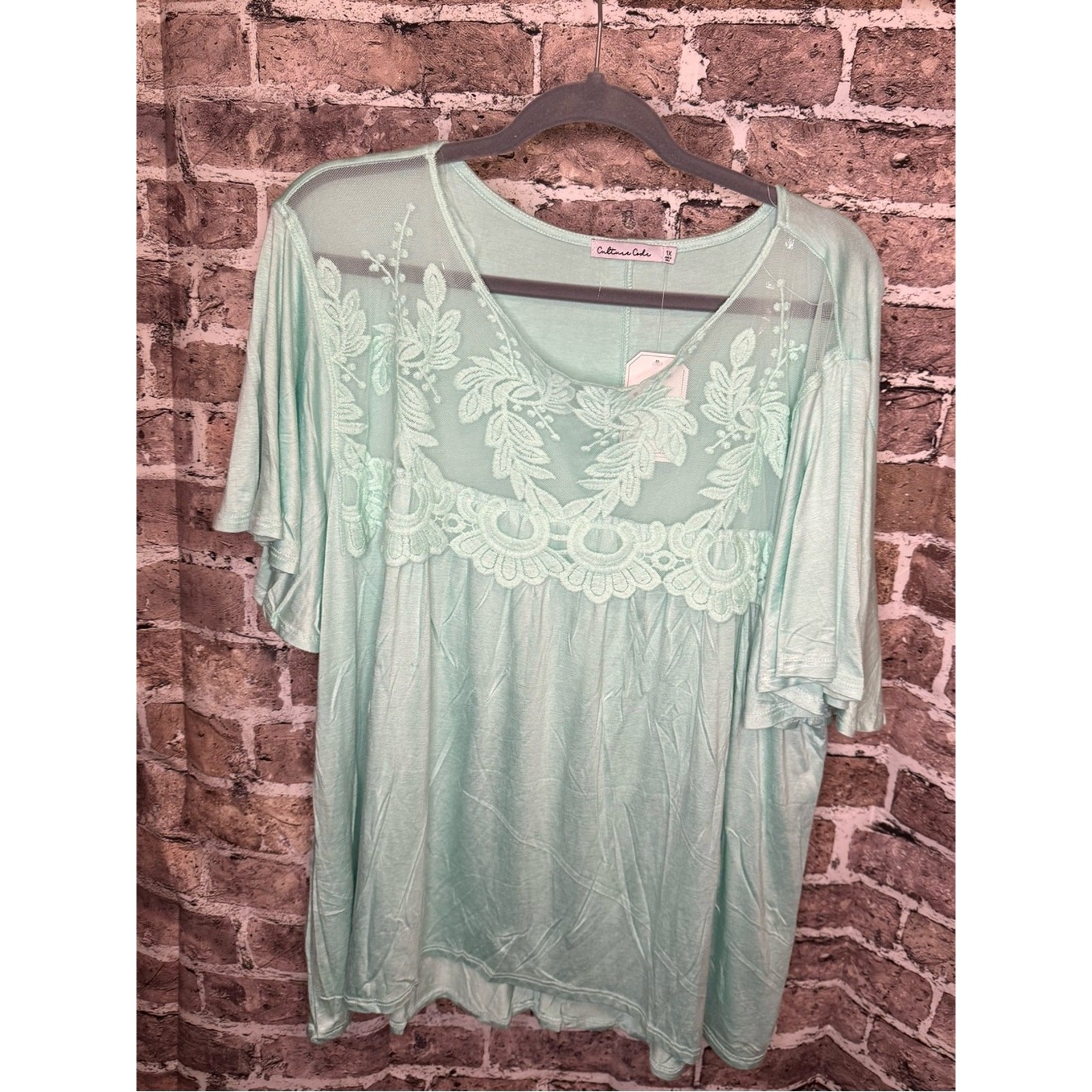 Culture Code Mint Green Lace Yoke Top
