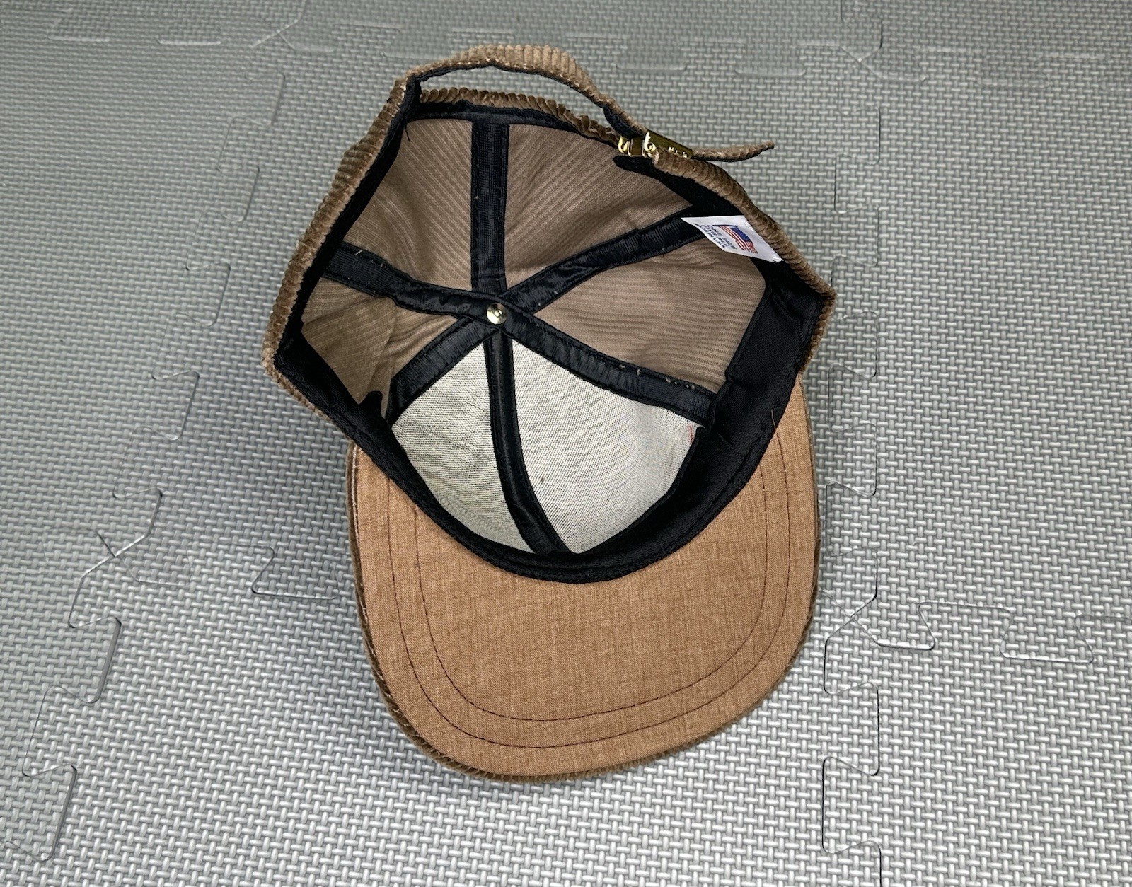 Vtg 80s 90s Brown Corduroy Cap Hat Made in USA Metal Buckle Closures Adjustable