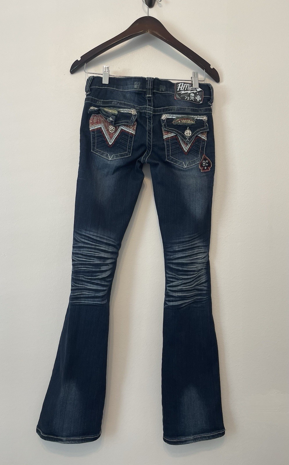 Affliction Jade Embellished Handkerchief Patchwork Jeans Size 27 Mcbling Low Cut