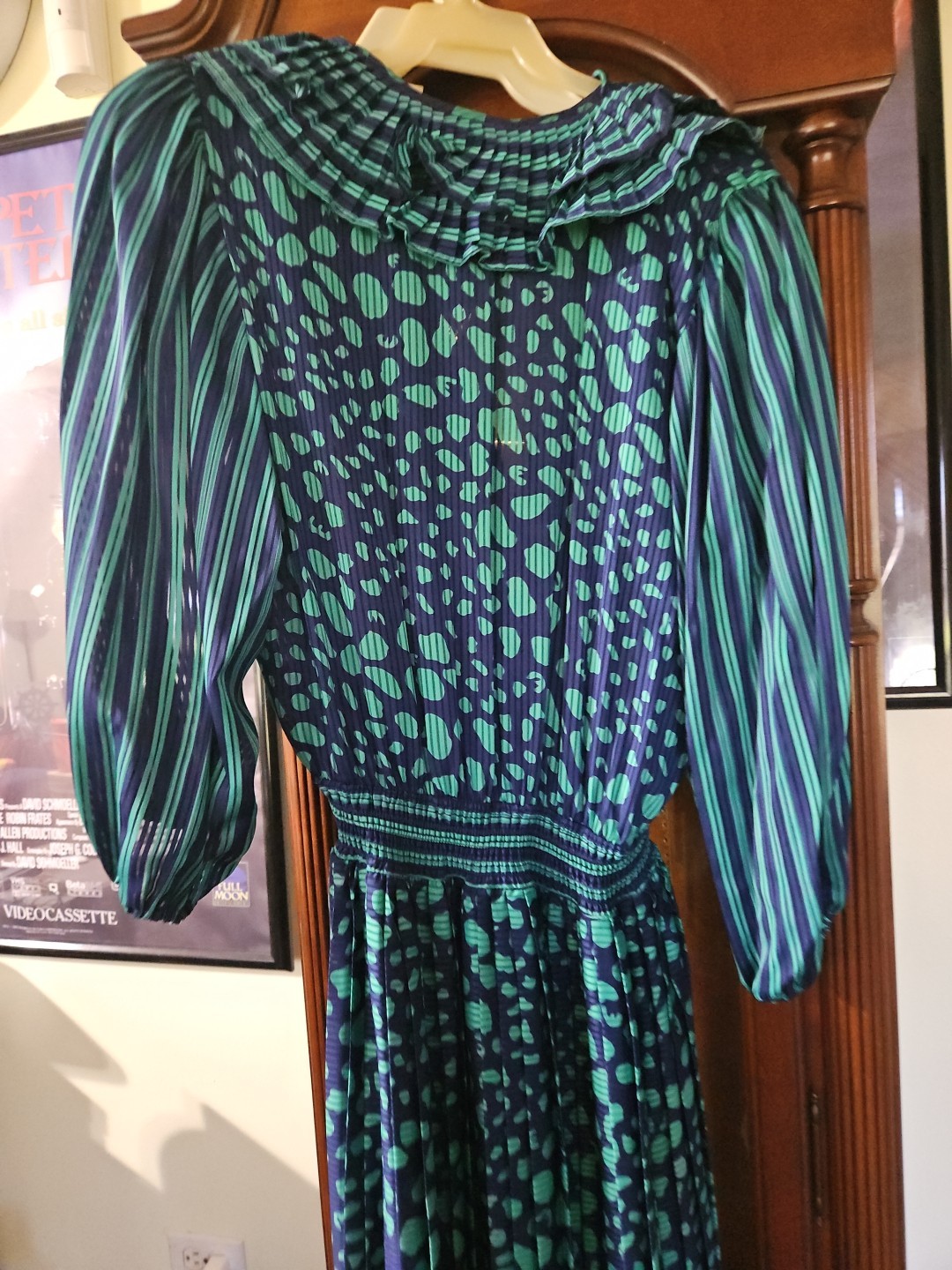 Neiman Marcus Vintage Preppy Academia Blue Green Pleated Ruffle Tassel Dress