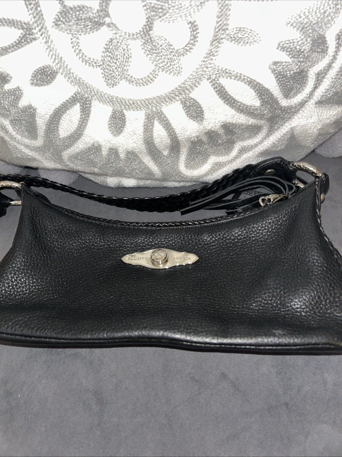 Elliott Lucca Black Pebbled Leather Braided Strap Tassel Baguette Bag PURSE