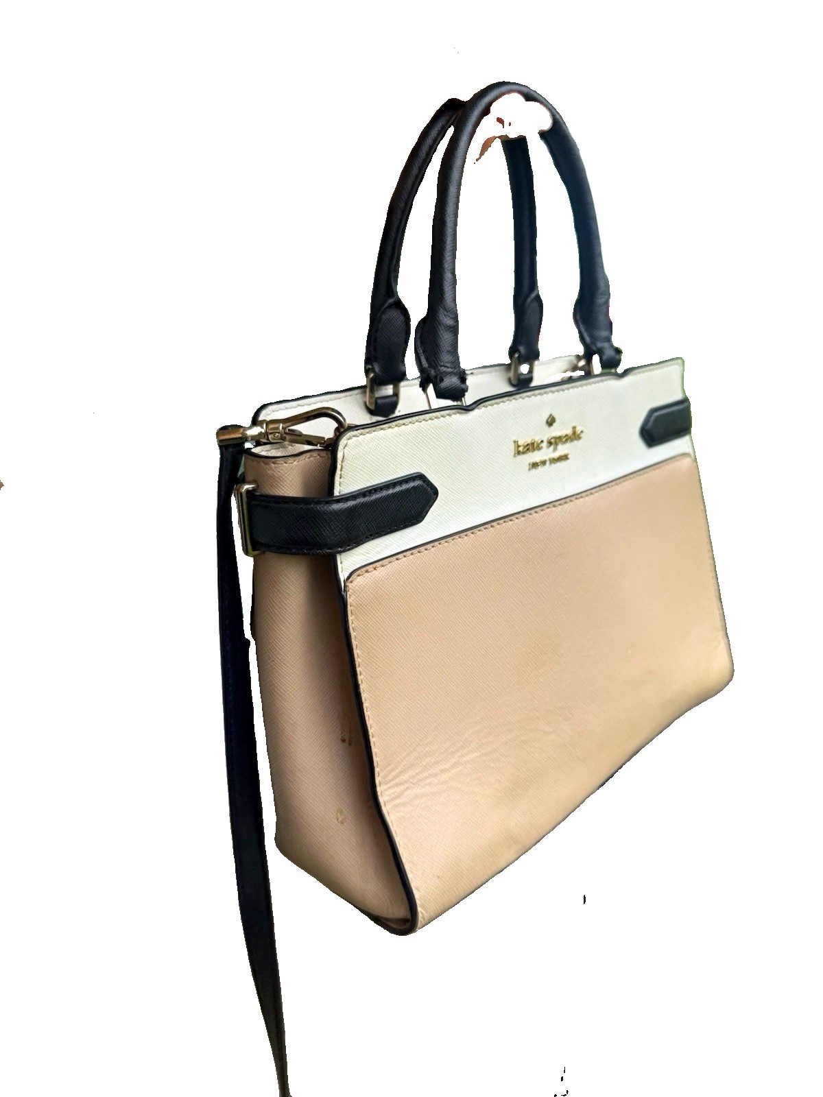 Kate Spade New York Colorblock Satchel Top Handle Detachable Strap Zip Beige