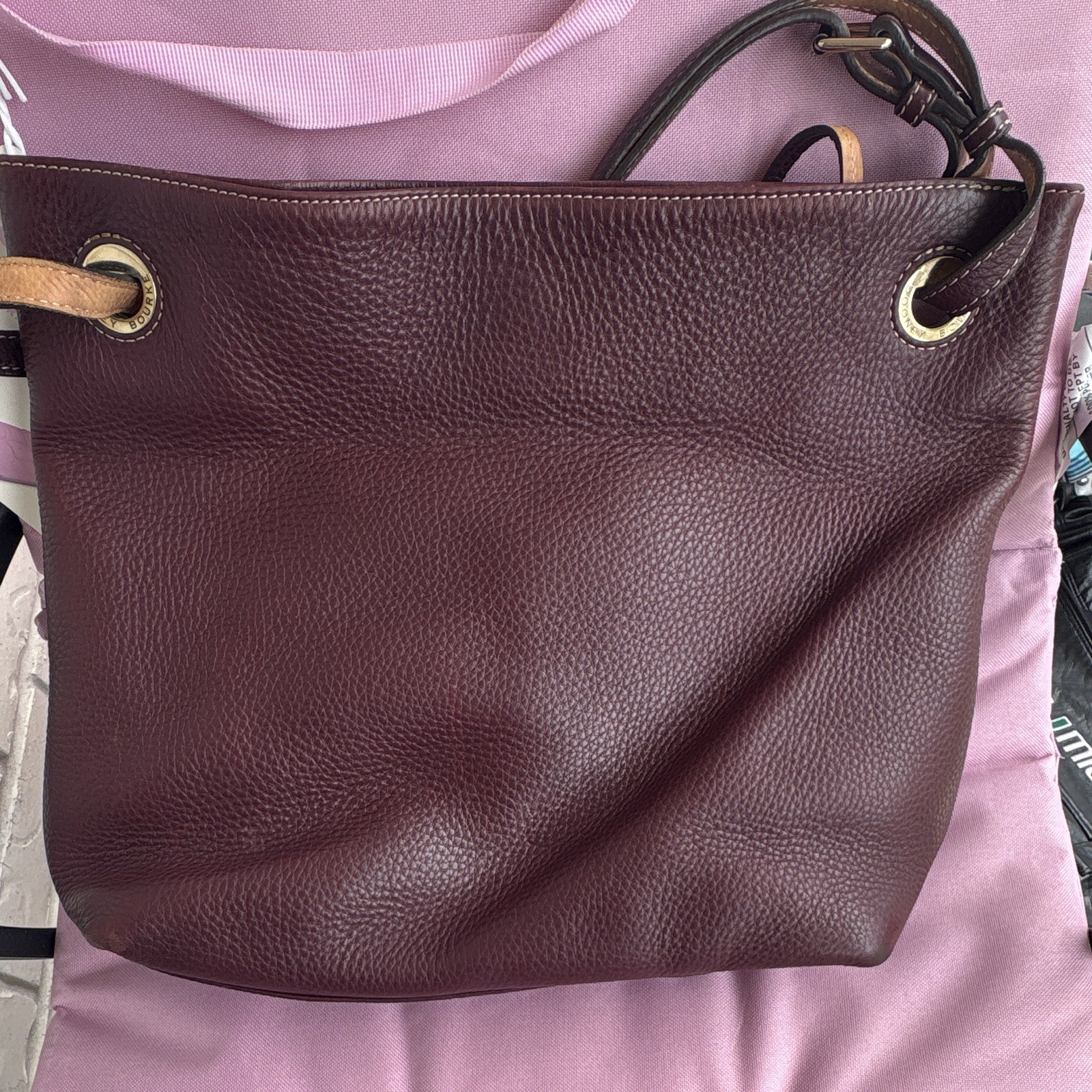 Dooney & Bourke Burgundy Pebbled Zip Shoulder Bag Gold Hardware Brown Strap