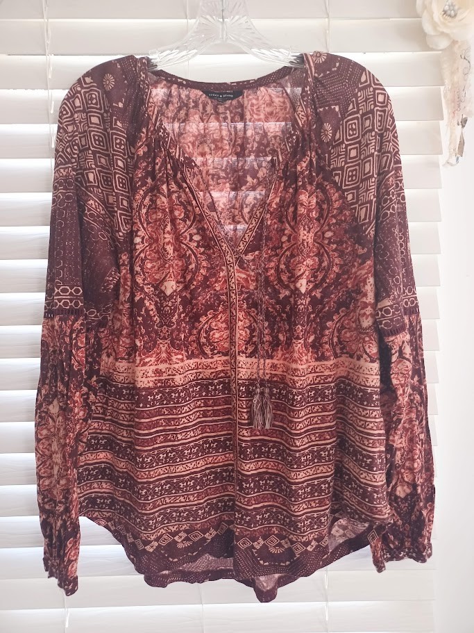 Lucky Brand Womens XL Boho Peasant Top Burgundy Pink Tassel Tie Linen Blend
