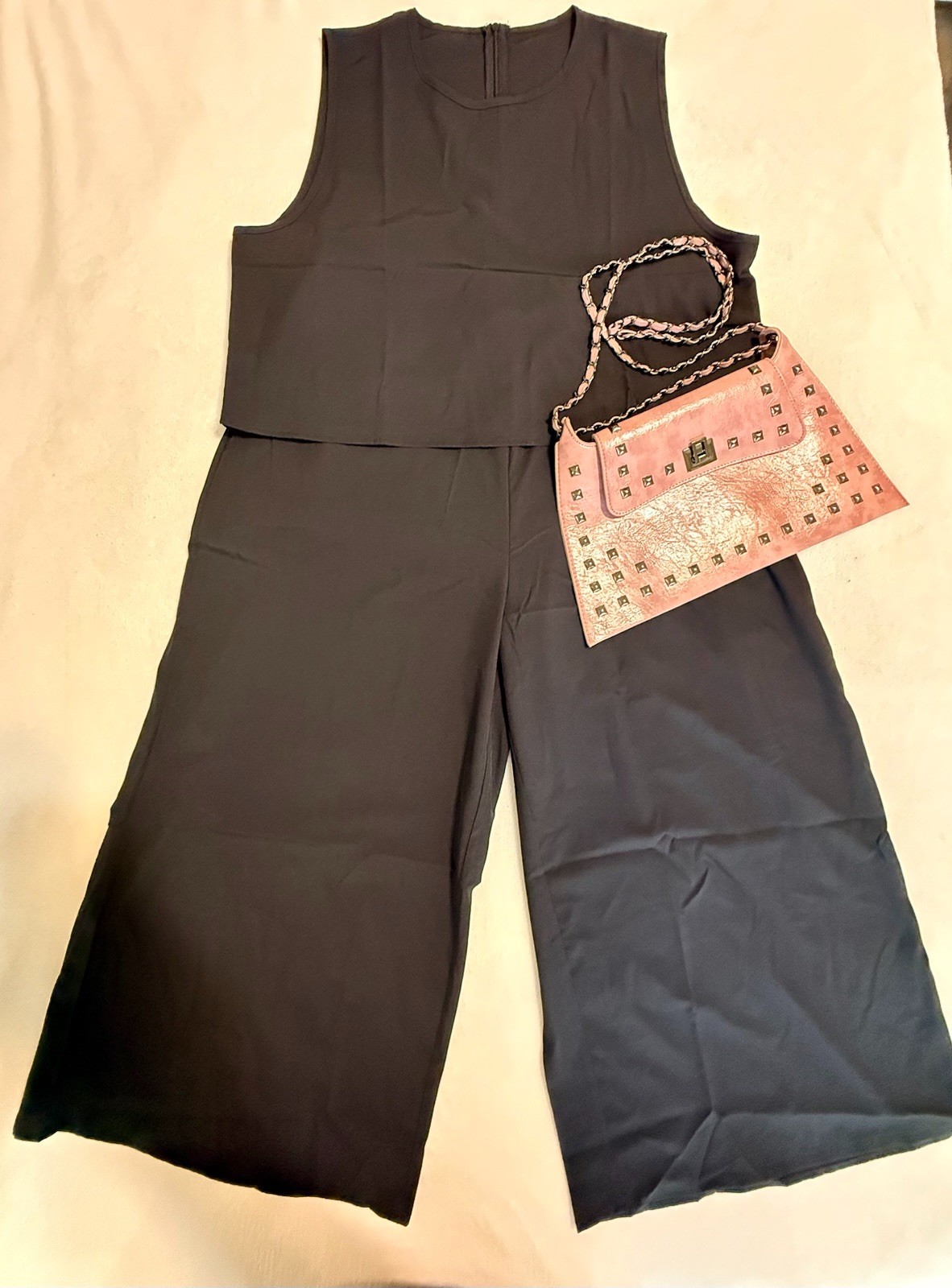 Womens 2 Pc Black Soft Lounge Set Tank Top Wide Leg, Pants Length 36in, Size 2XL