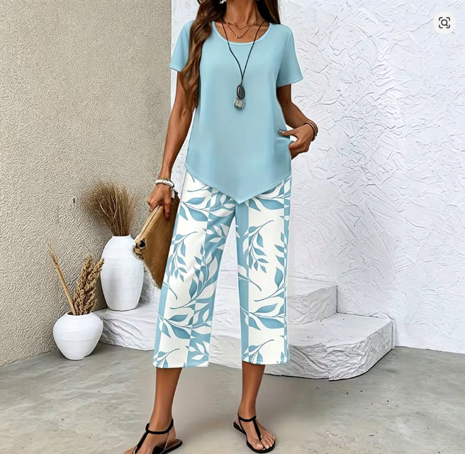Women’s 2 Piece Lounge Set Leaf Print Top & Wide Leg Pants Casual Outfit