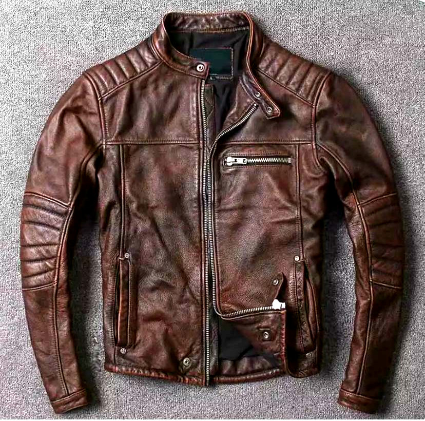 Men Motorcycle Café Racer Biker Leather Jacket Brown Genuine Sheepskin Leather