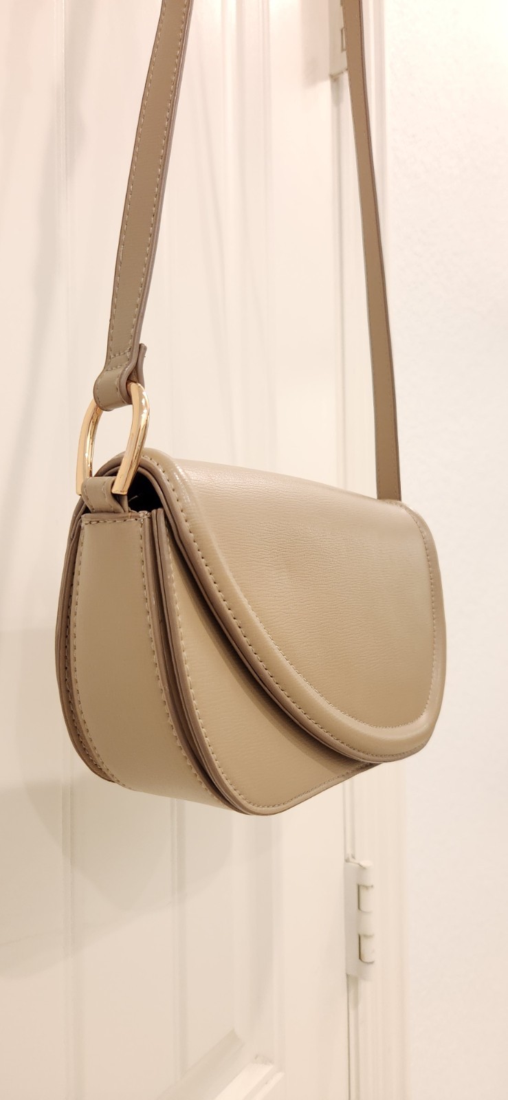 H&M Taupe Solid Semi-Circle Crossbody Bag Snap Closure Gold Hardware Pockets