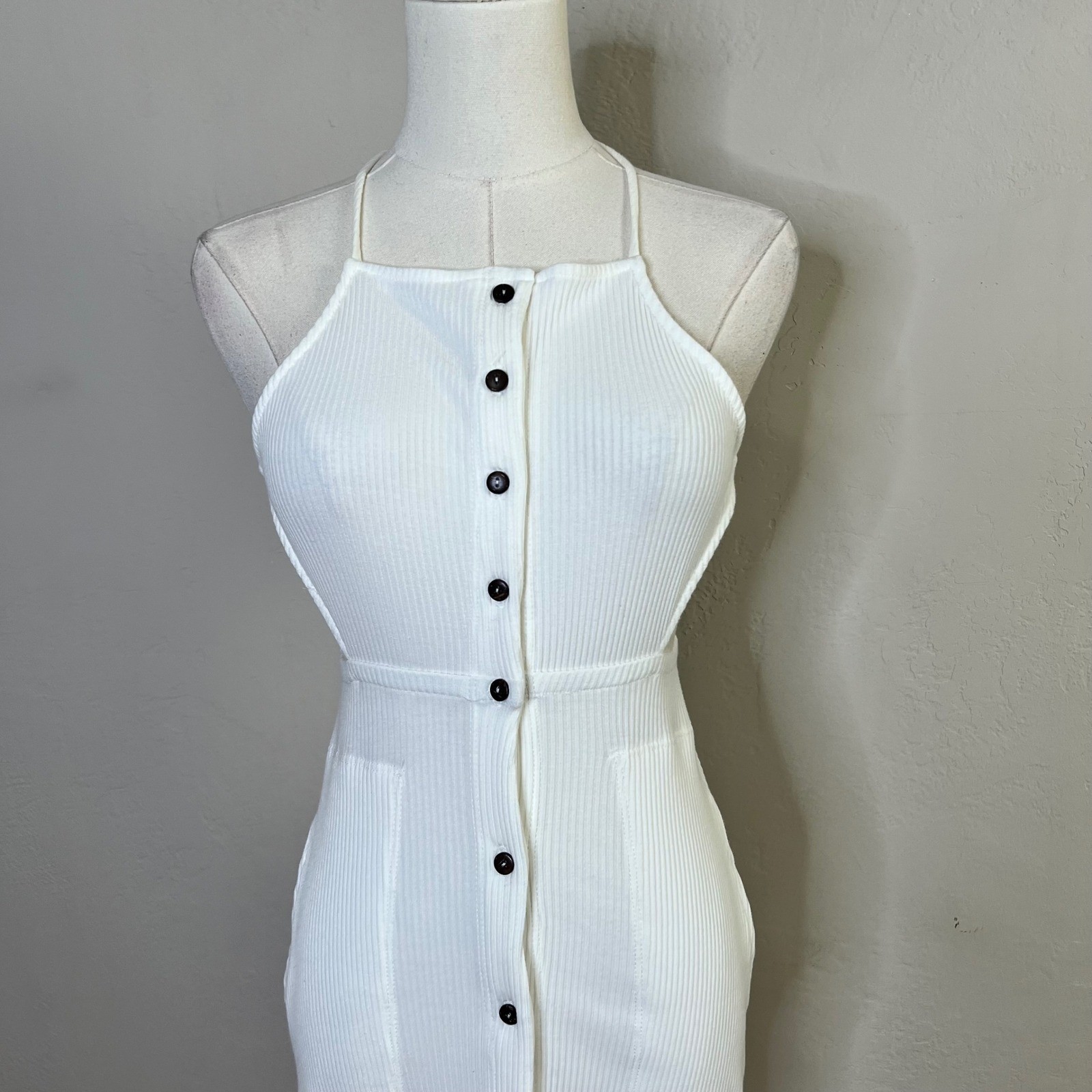 Free People Beach Dress Margaret Midi Size XS Ivory Ribbed Halter Button NEW