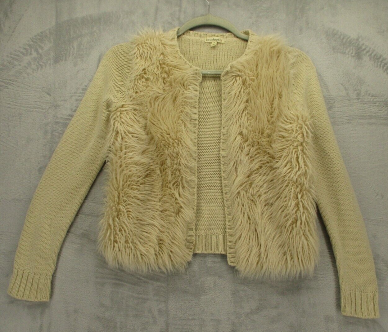 Love On A Hanger Cardigan Sweater Women’s M Beige Tight Knit Fuzzy Open Front
