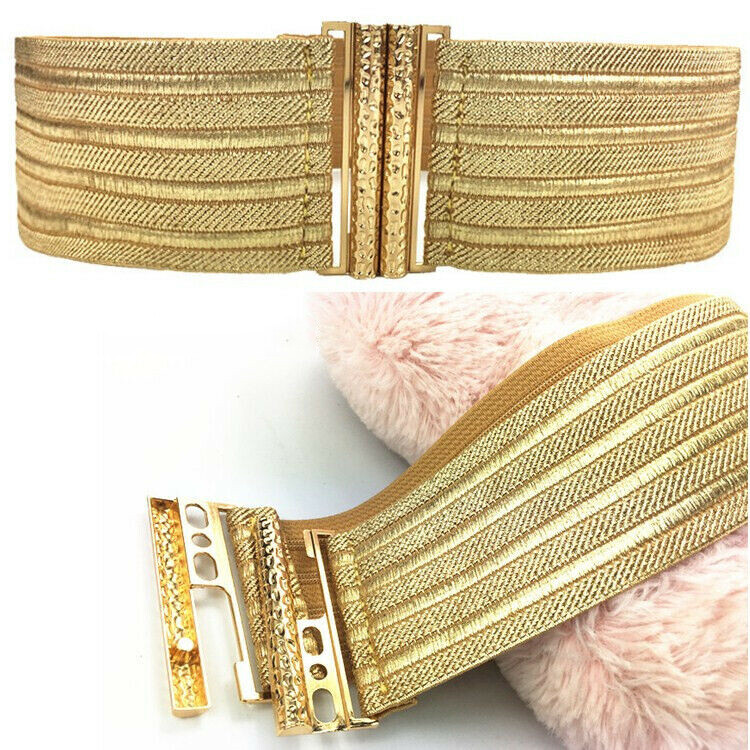 Women’s Fashion Gold Wide Waistband Elastic Stretch Dress Waist Belt Buckle Band