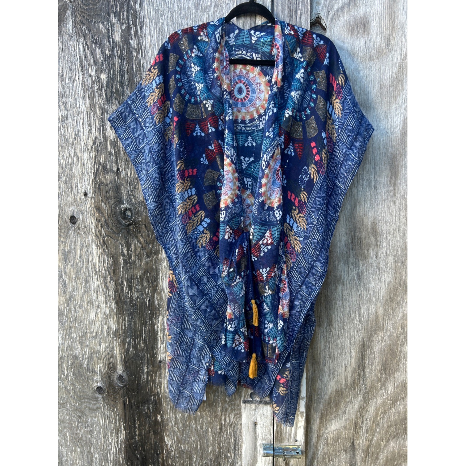 Blue Boho Kimono Festival Tassel Cover Up One Size Mandala Beach Resort NWT