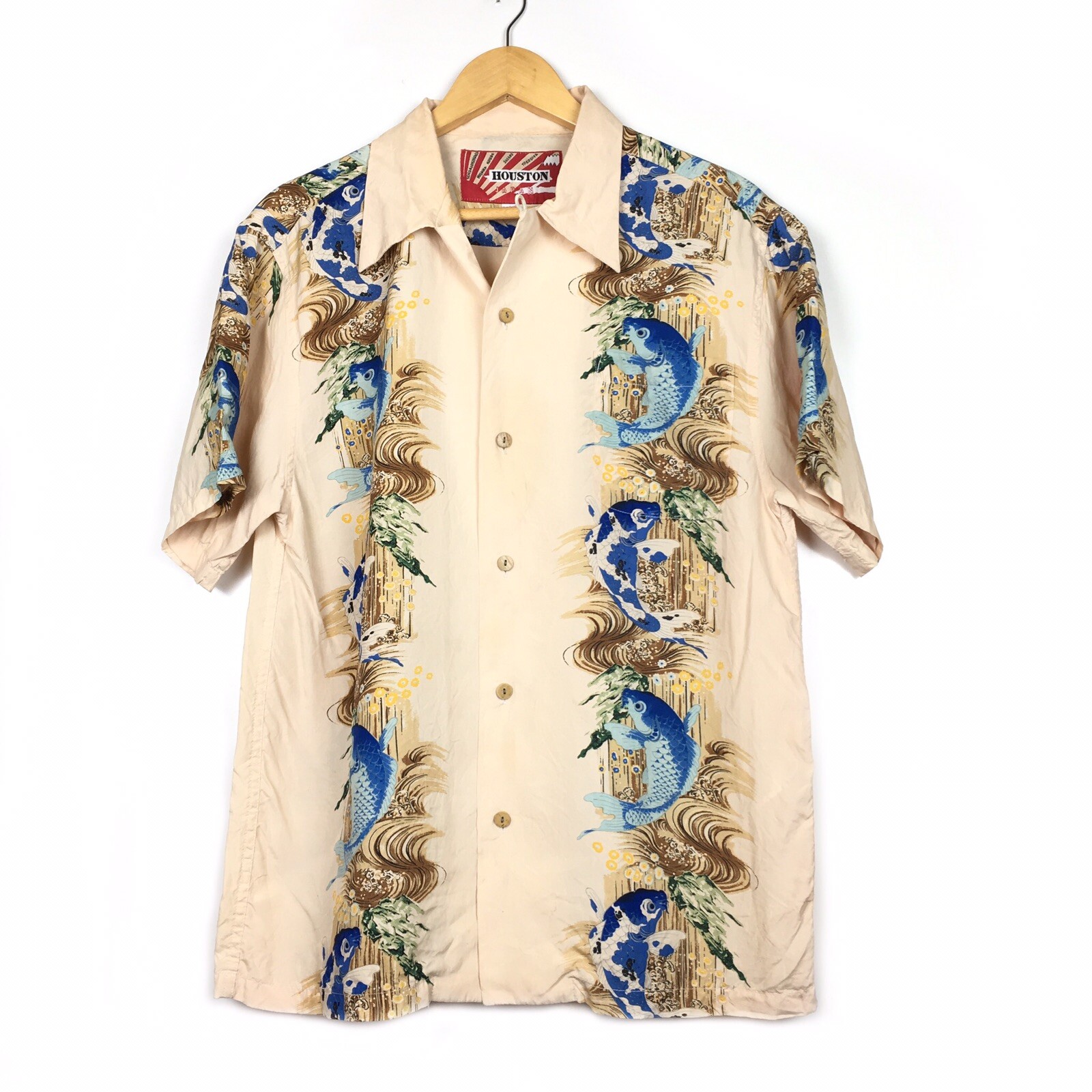 Houston Japan Carp Motif Aloha Rayon Shirt Size L