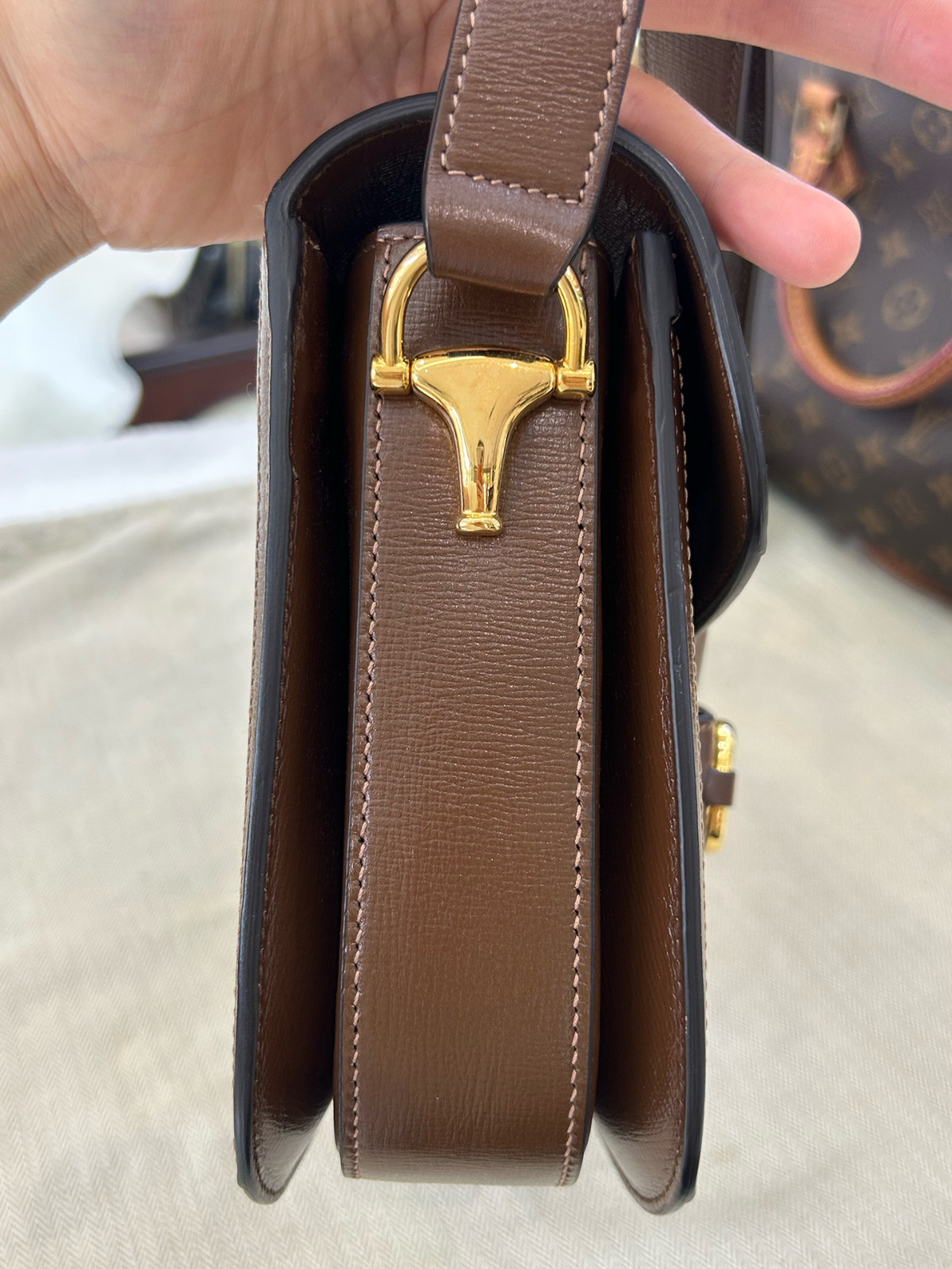 Authentic Gucci Horsebit 1955 GG Supreme Canvas and Leather Shoulder Bag Brown