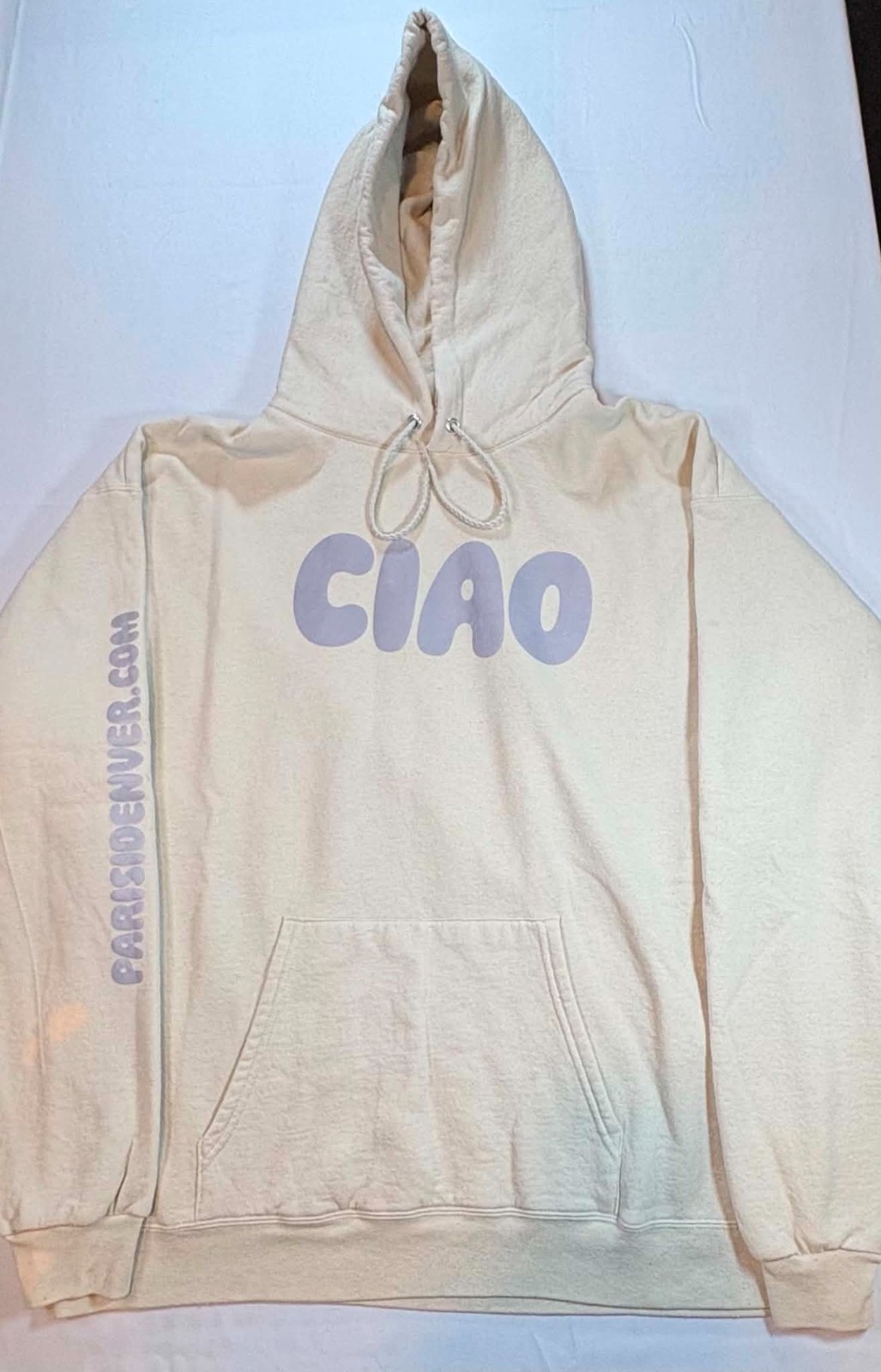 Parisi Denver Ciao Hoodie Womens XL Cream Lavender Graphic Pullover Sweatshirt