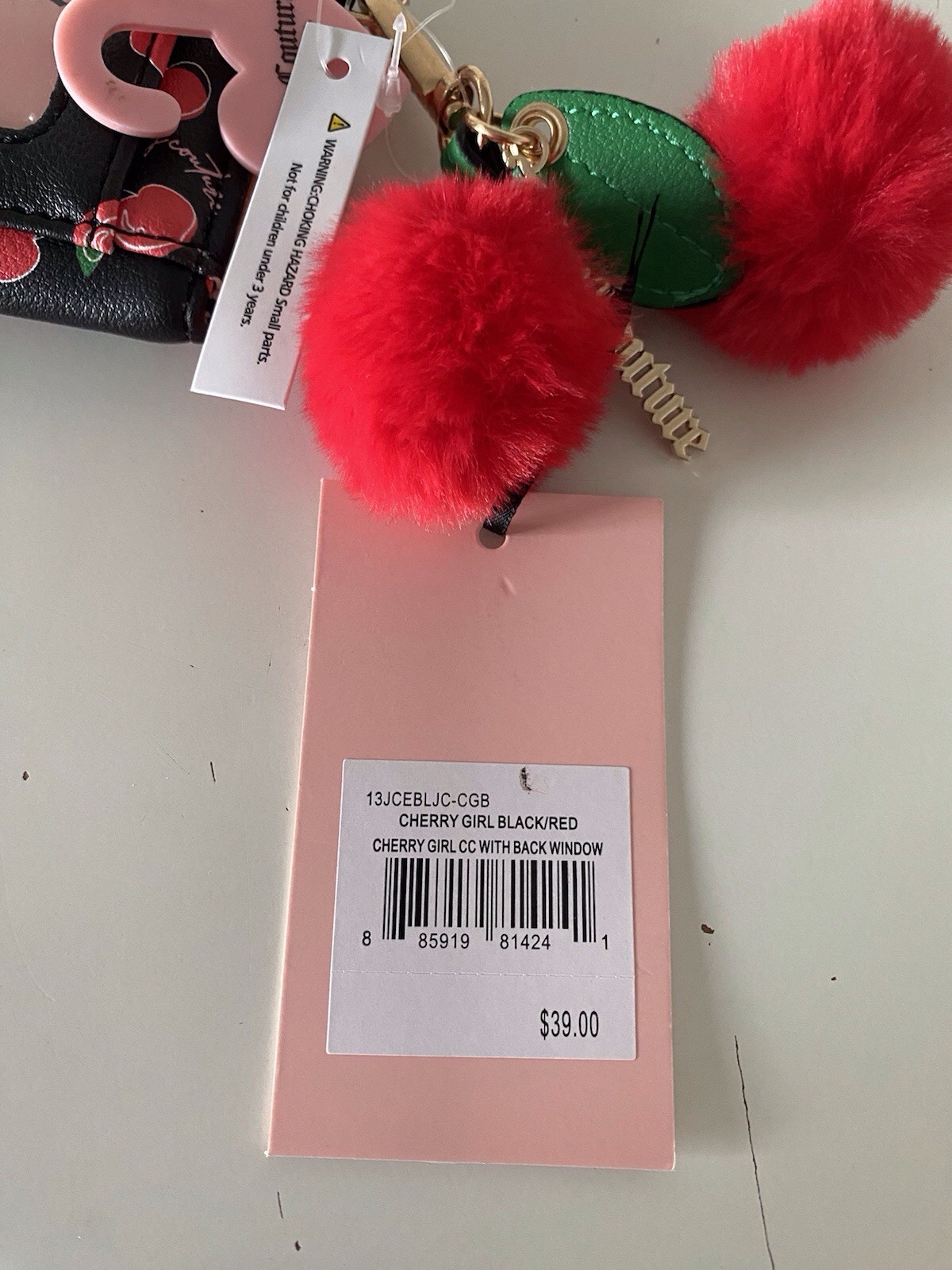Juicy Couture Cherry Girl CC Wallet W/Back Window Black Red W/Charm Pom Pom NEW
