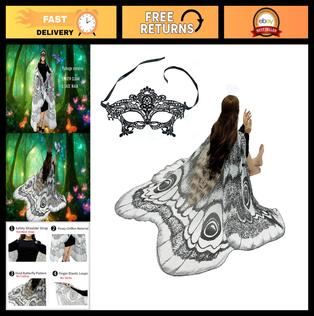 Halloween Butterfly Wings Costume for Women & Girls – Printed Moth Cape Shawl Wr