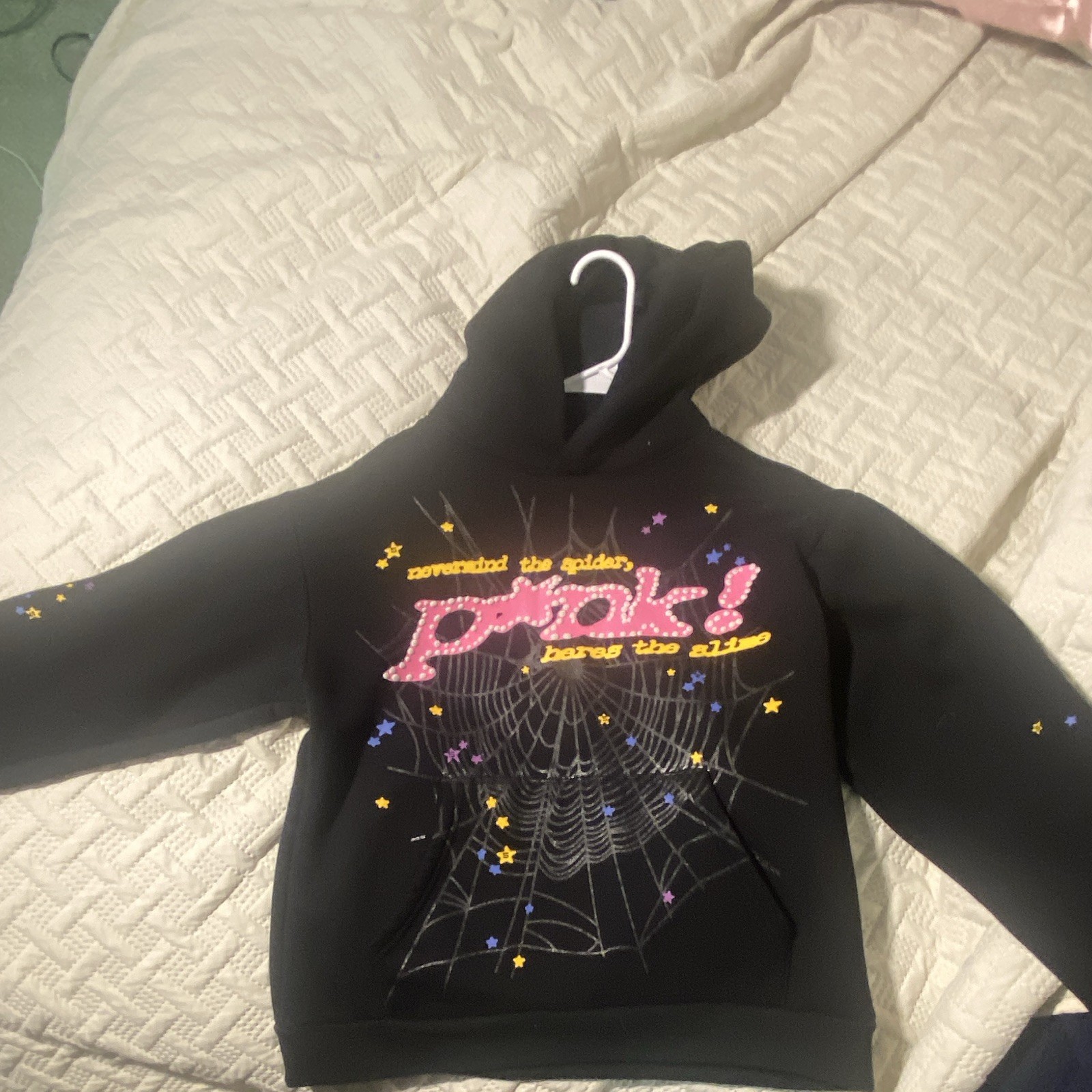 sp5der Black Pullover Hoodie Teens S Spider Web Graphic Rhinestones Hooded