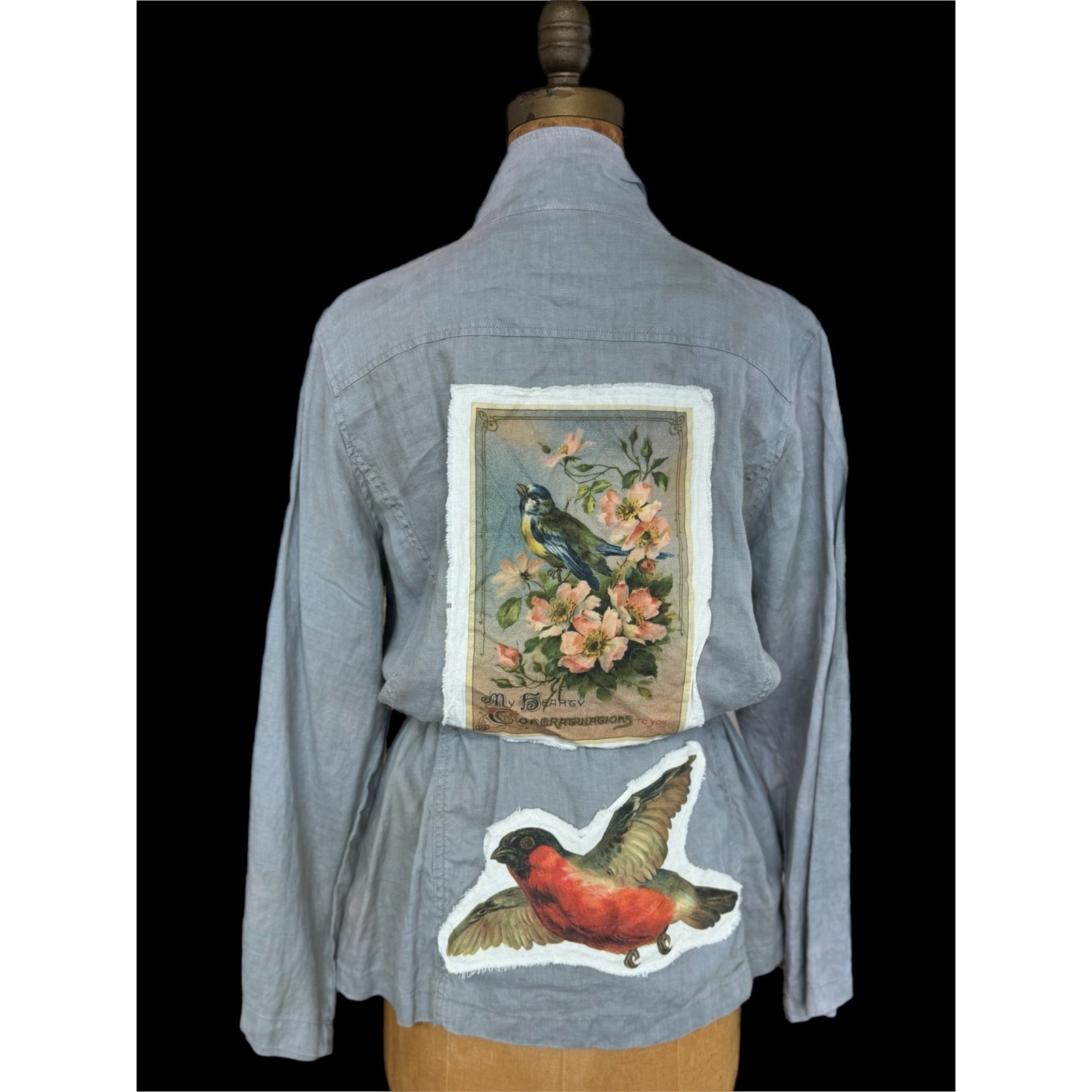 100% Linen Utility Jacket Size L – Drawstring Waist Bird Patch One of a Kind