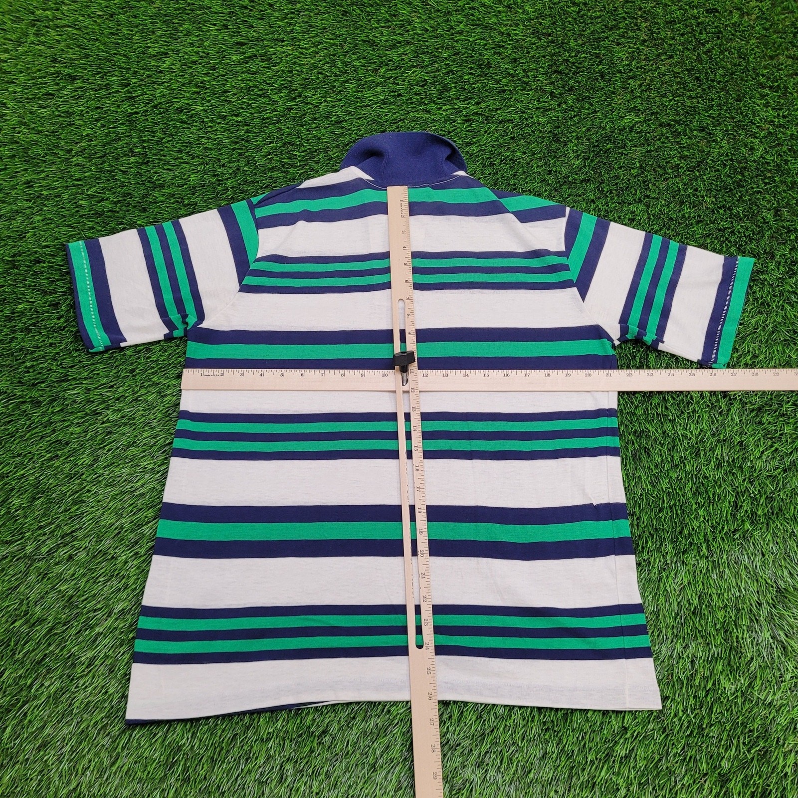 Vintage 90s MOD Polo Shirt Large 21×26 Green White Blue Stripes
