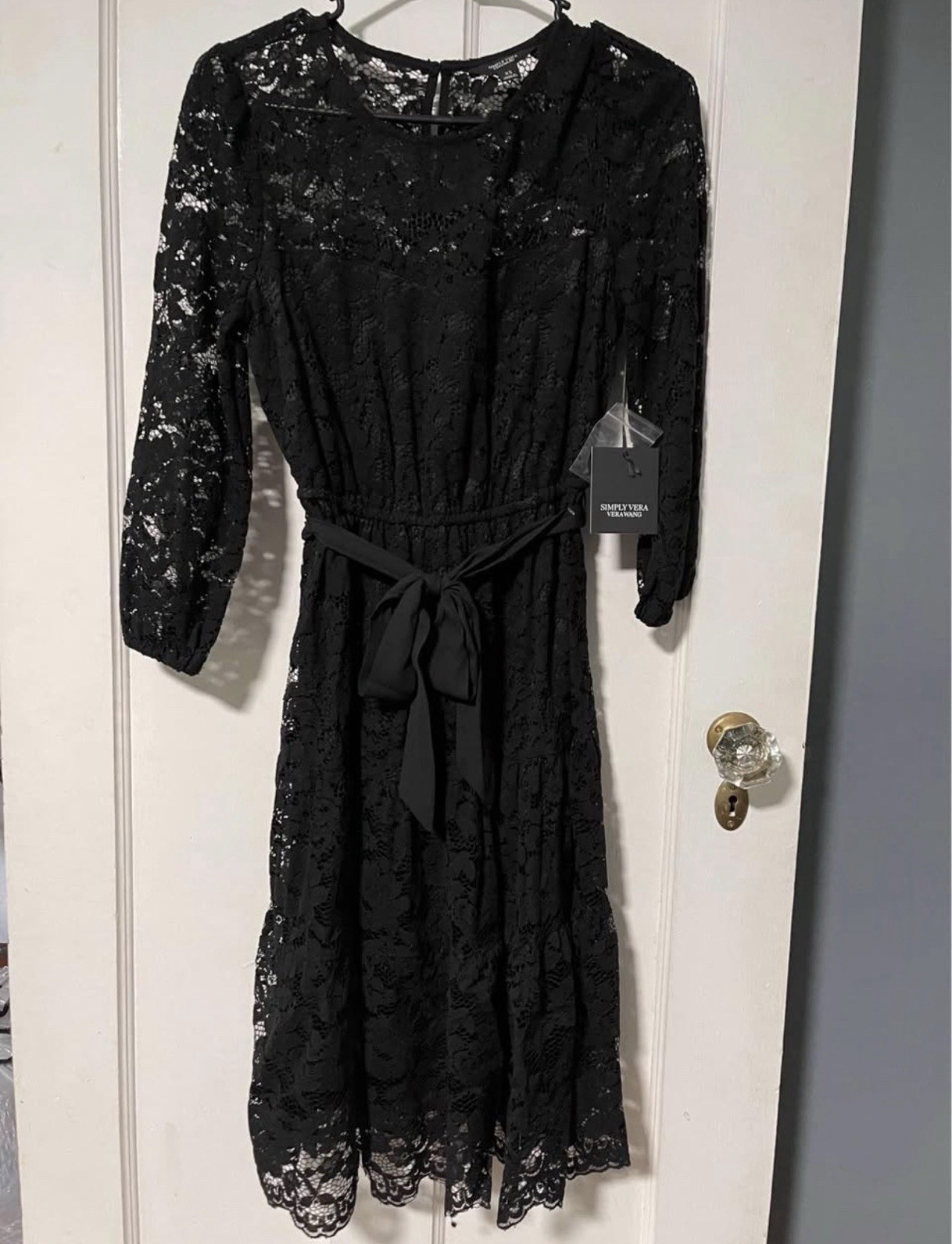 Simply Vera Vera Wang Black Floral Lace Belted Sheath Knee Dress XS