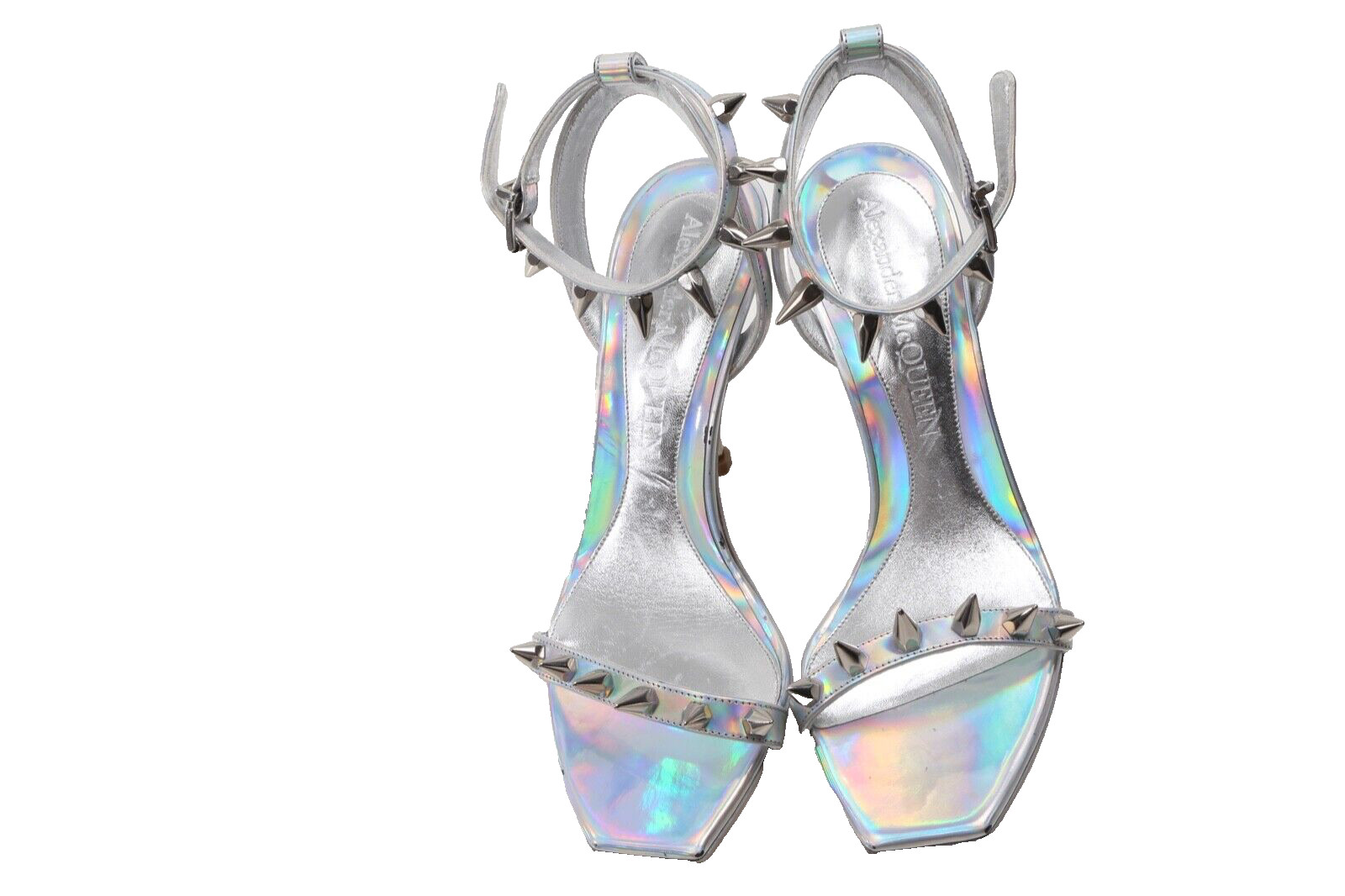 Alexander McQueen Metallic Silver Patent Leather Strappy Heel Sandals Size 37.5
