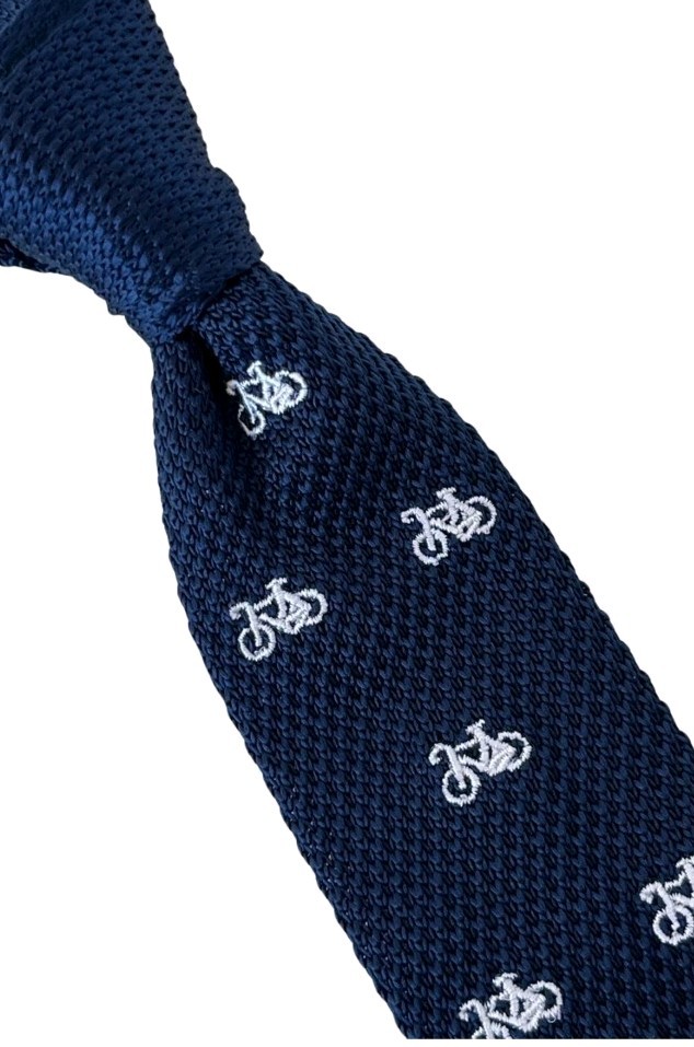 Navy Blue Knitted Tie with Embroidered White Bicycle Bike Skinny 2.25 in