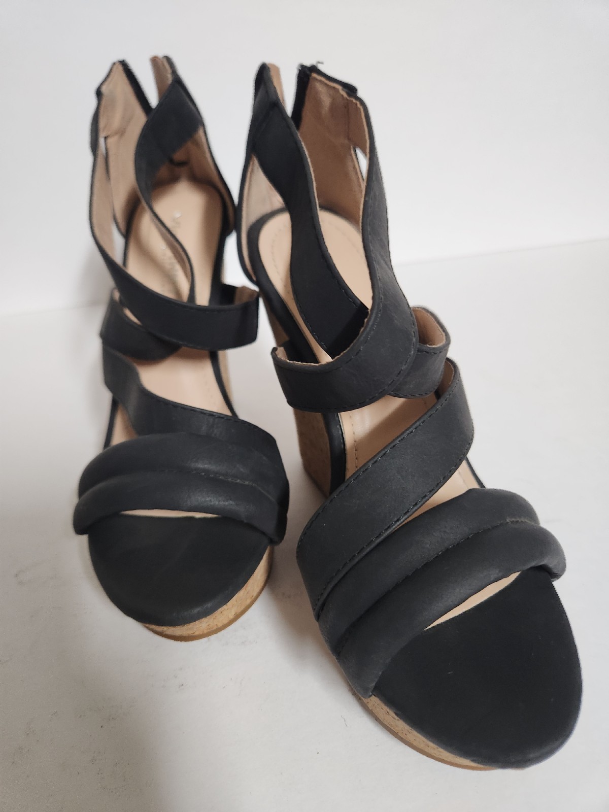 Via Pinky Collection Black Strappy Cork Platform Wedge Sandals Back Zip Women…
