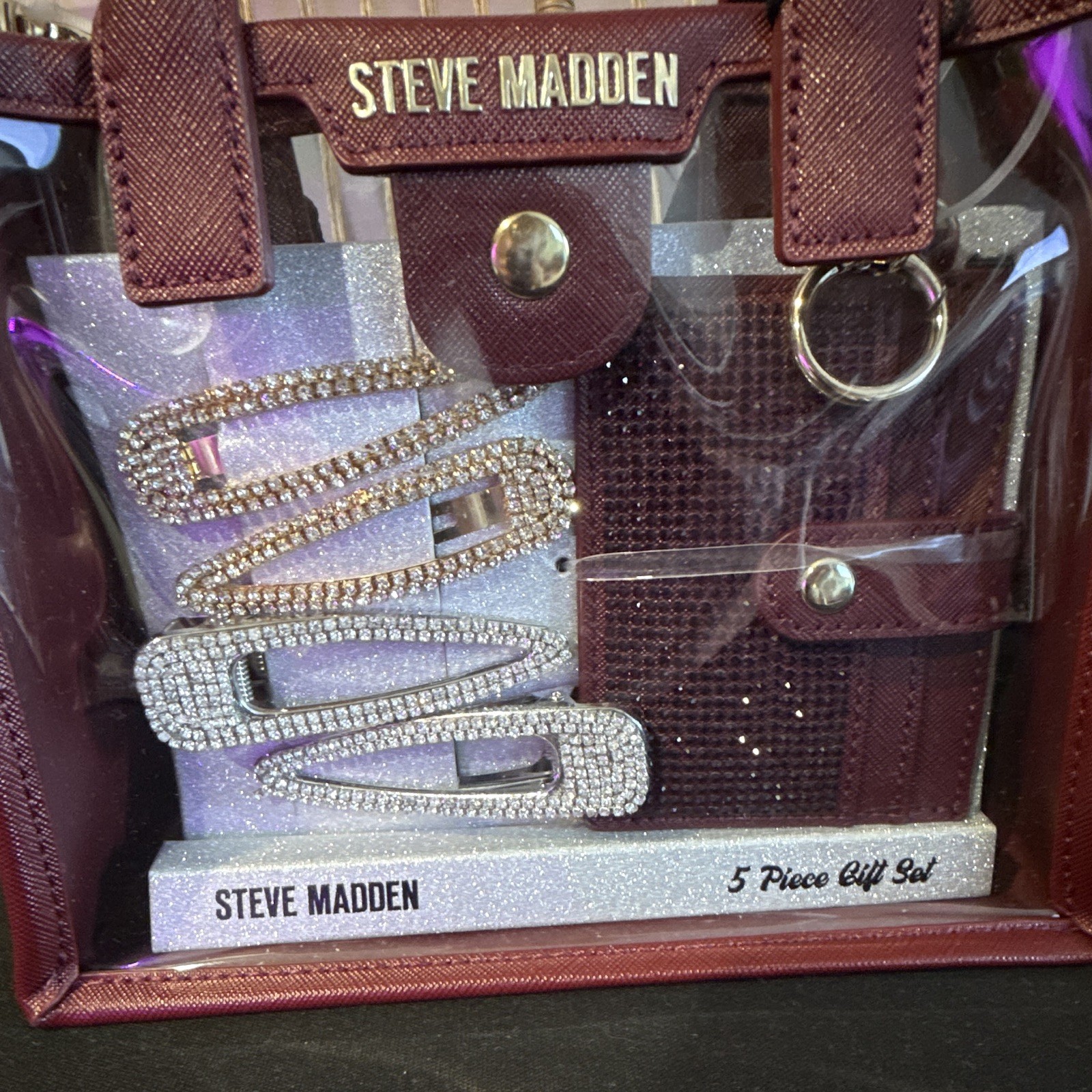 NWT Steve Madden Clear Box Tote With Burgandy Gift Set