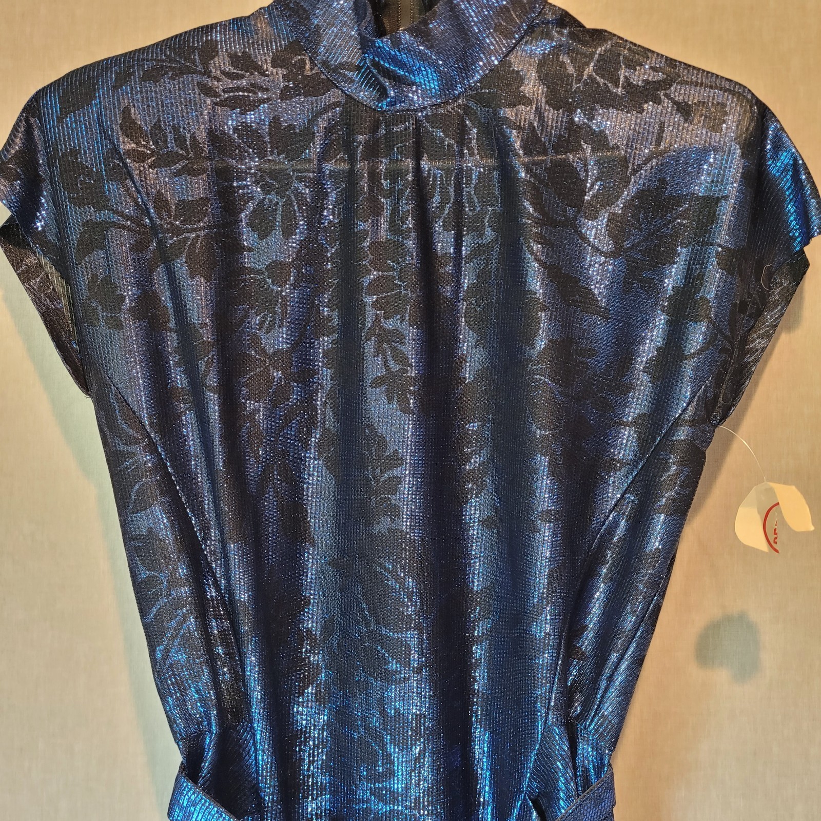NWT VTG 80s Wayne Diamond Metallic Blue Mock Neck Tulip Midi Dress 5/6