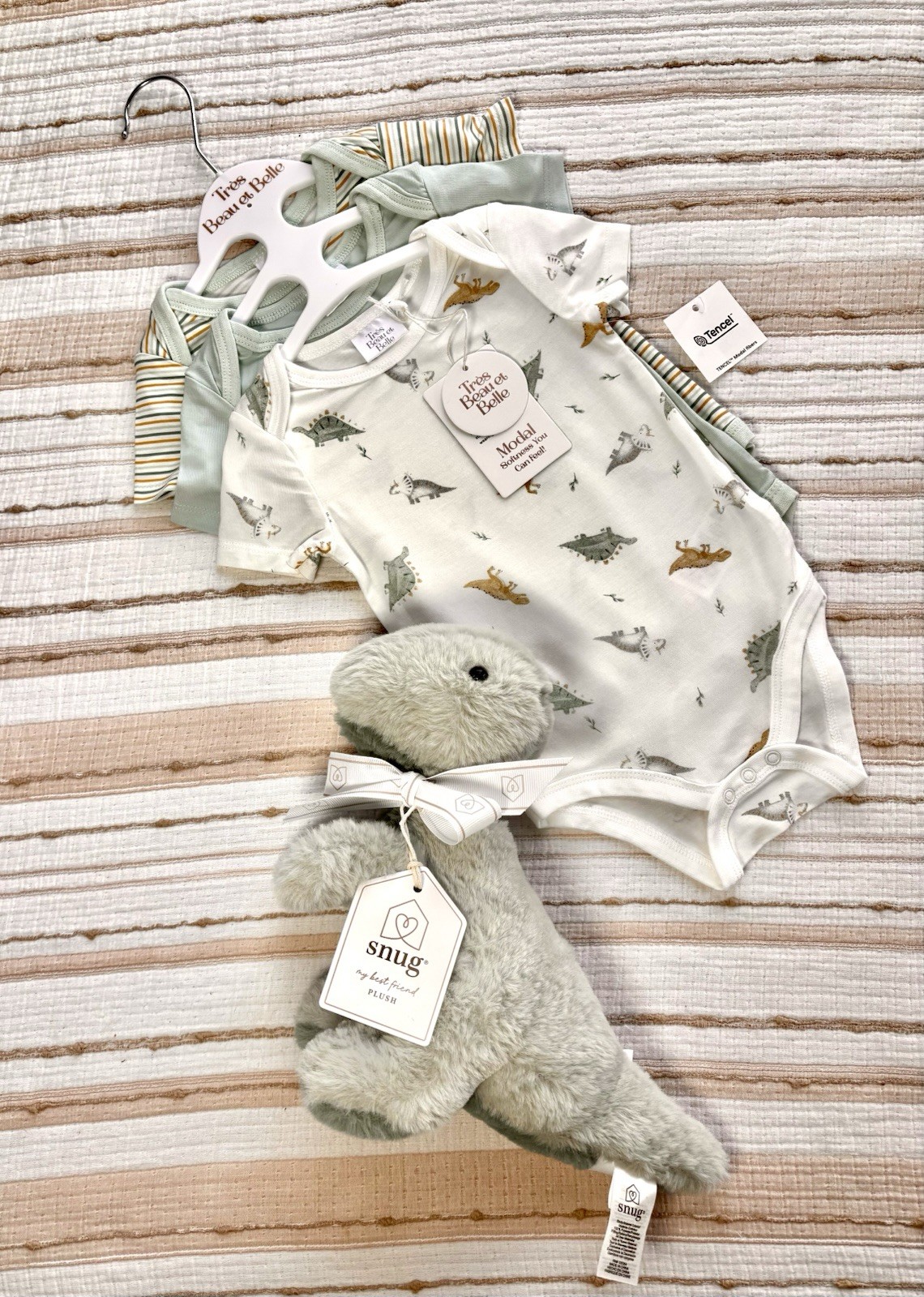 NWT Tres Beau et Belle TENCEL Modal 3pc Set 6-9M & Snug Dino Plush Lot