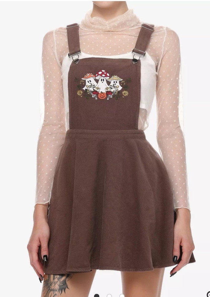 Thorn & Fable Ghost Mushroom Corduroy Skirtall Brown Embroidered S Overall Dress