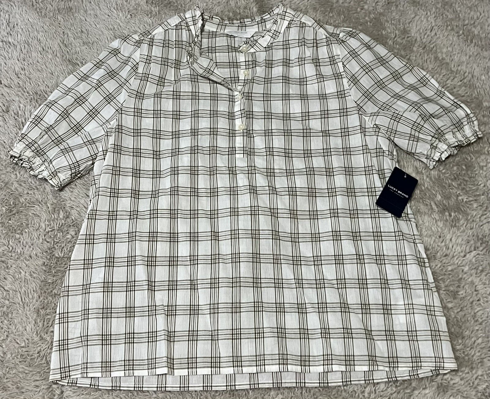 Lucky brand shirt women’s large plaid white moss green short sleeve blouse