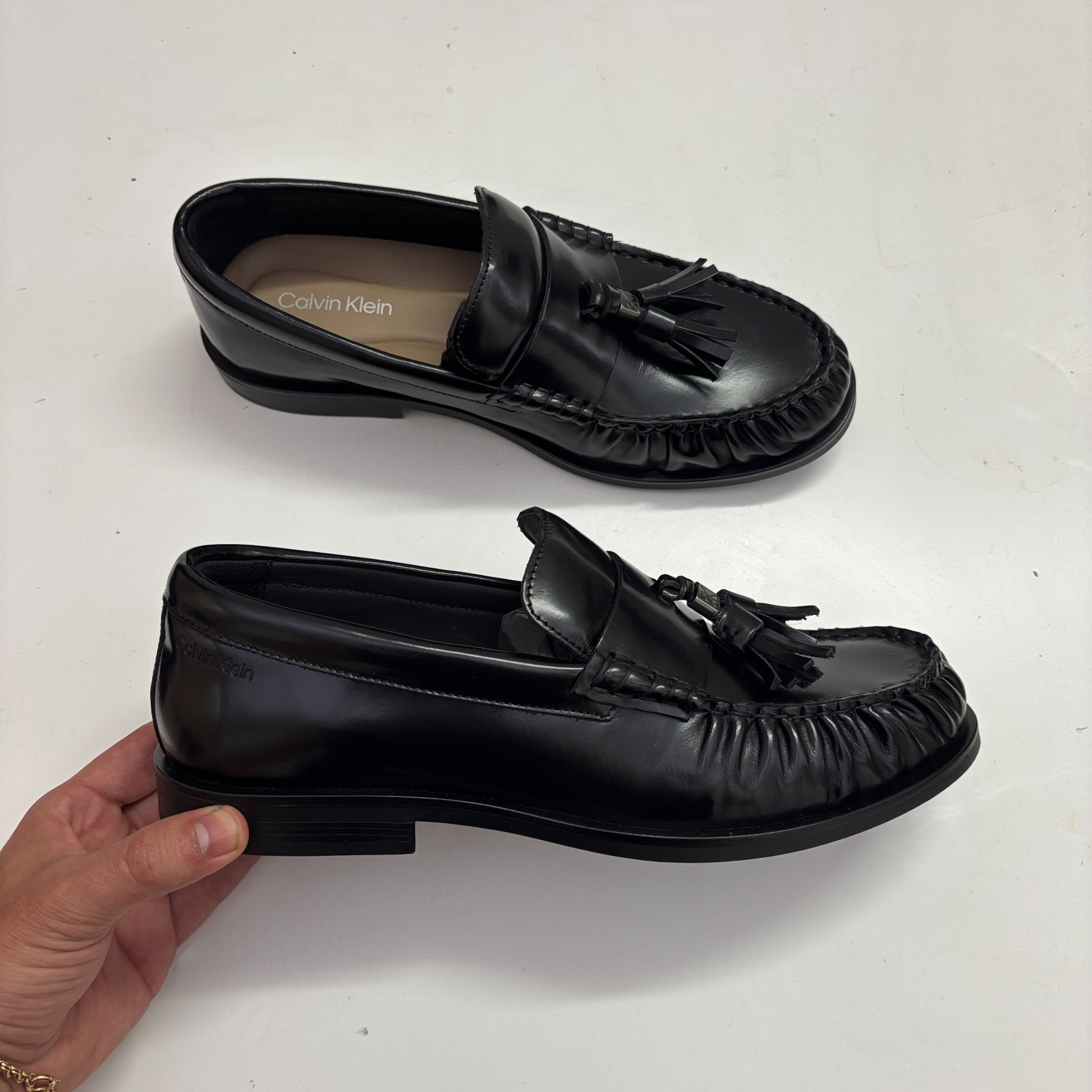 Calvin Klein Theo – Black Leather Pleated Penny Tassel Loafers – Size 42