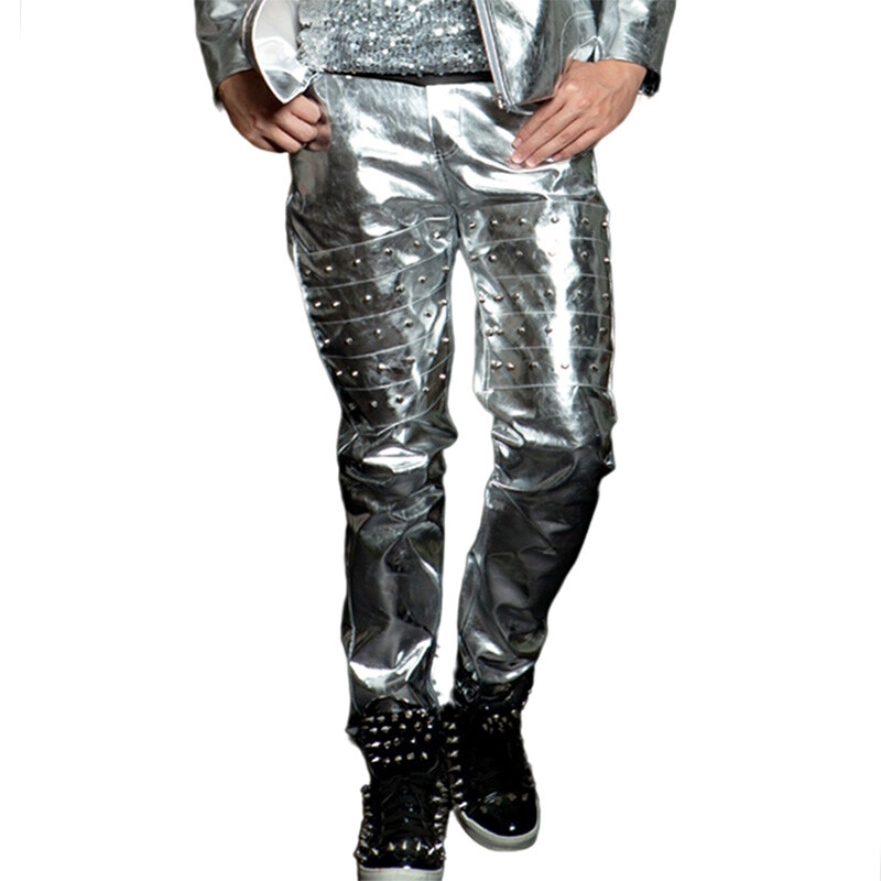 Metallic Men Faux Leather Studded Pants Party Nightclub Trousers Wet Look Shiny