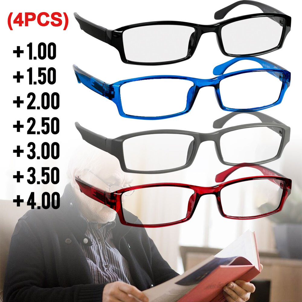 4 Pair Rectangular Spring Hinge Power Reading Reader Glasses For Men Women 1-3.0