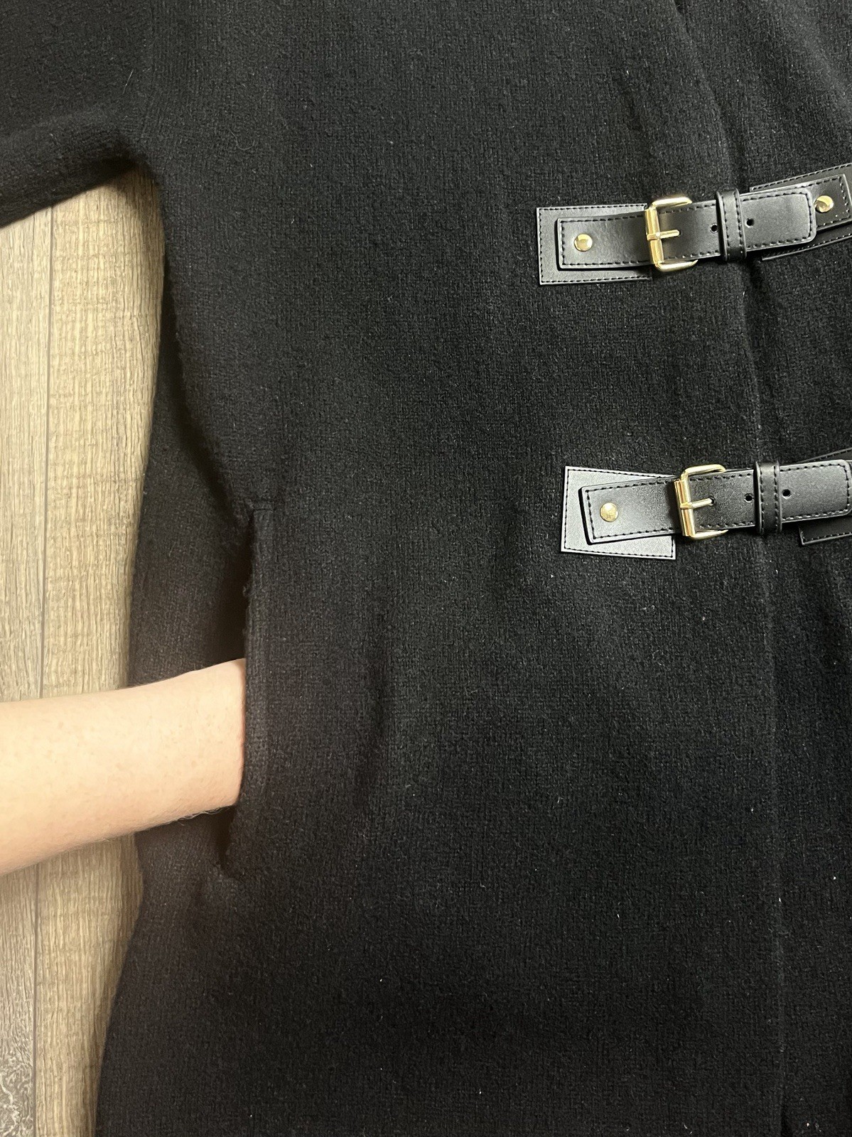 ETCETERA Black 100% Wool Cardigan Leather Buckle & Snap Closure Oversized XS