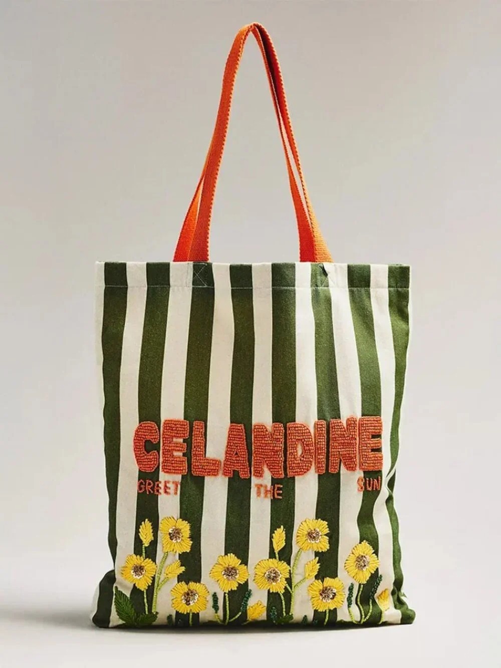 $68 Anthropologie Celandine Graphic Beaded Daisies Canvas Tote Bag Green Stripe
