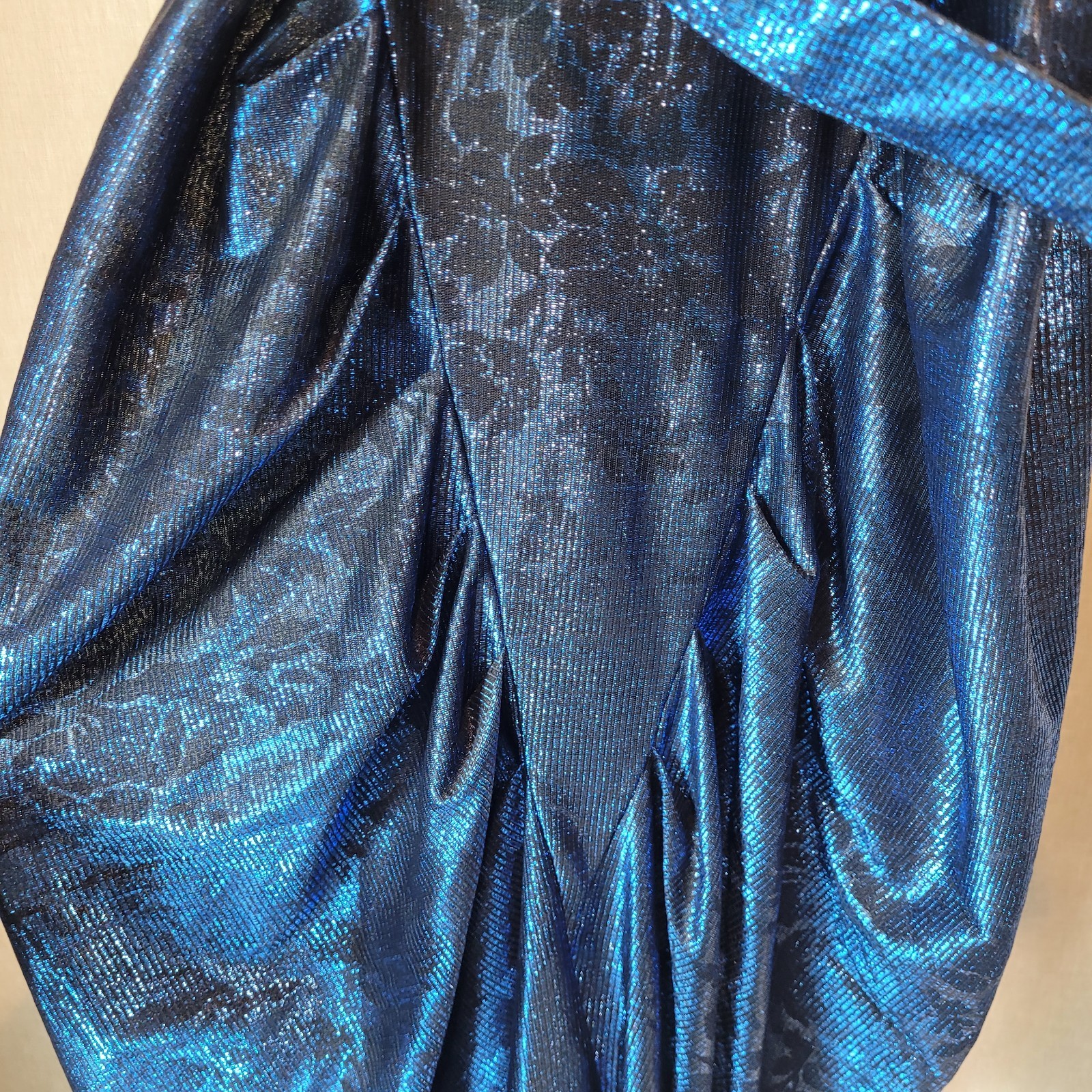 NWT VTG 80s Wayne Diamond Metallic Blue Mock Neck Tulip Midi Dress 5/6