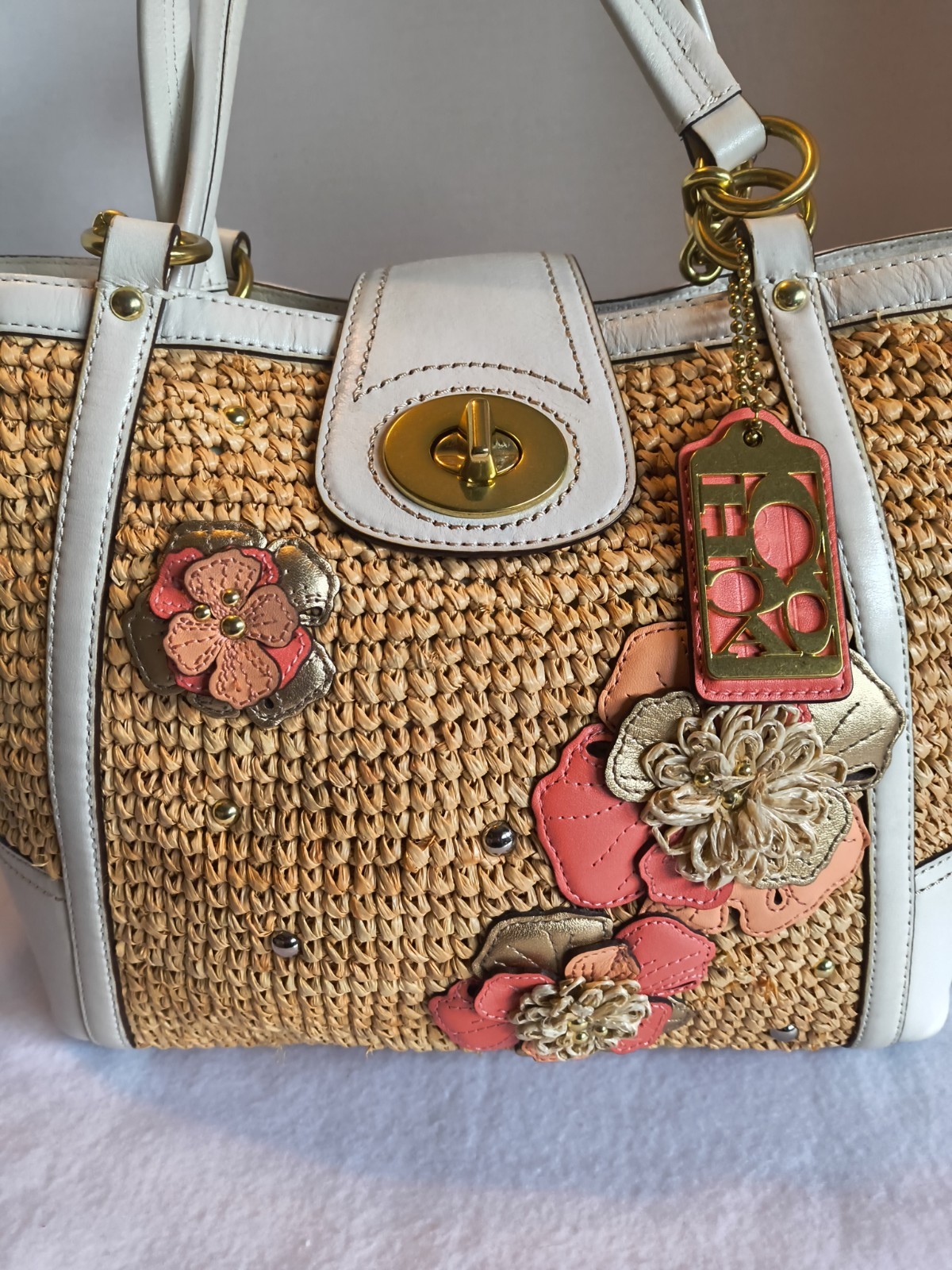 Coach Hampton Floral Tote Purse Straw White Pink L1169-19347