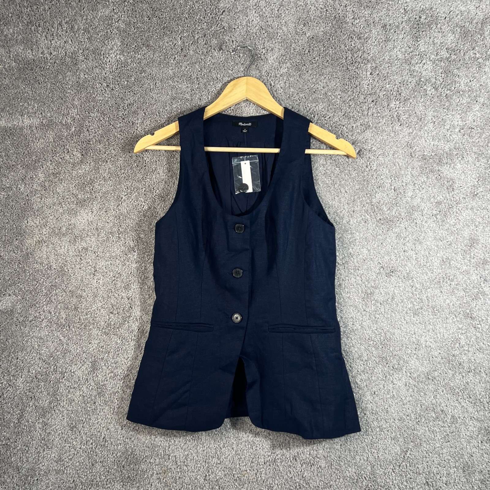 Madewell Women’s Linen Vest Size 0 Blue Button Front Tailored Lined Cutaway Top