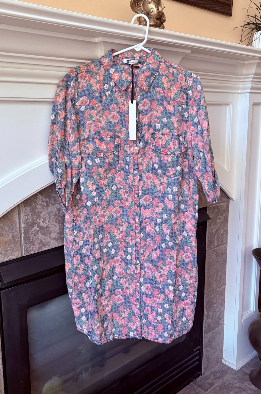 NWT Kut From The Cloth 100% Tencel Blue and Pink Floral Shirt Dress XL