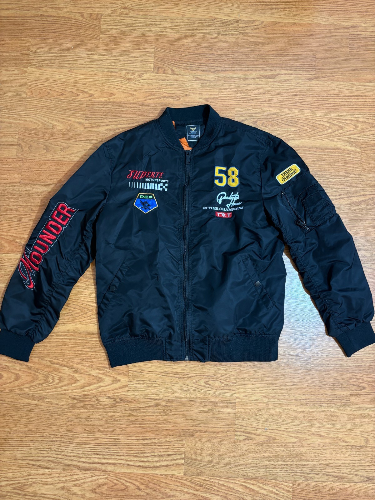 Mens Racing Bomber Jacket Black Embroidered Patches MA-1 Motorsport Zip Large