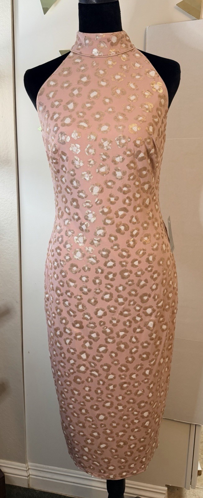 Sho by Tadashi Shoji Leopard Print Sequins Pale Rose Gold Halter Midi Dress S
