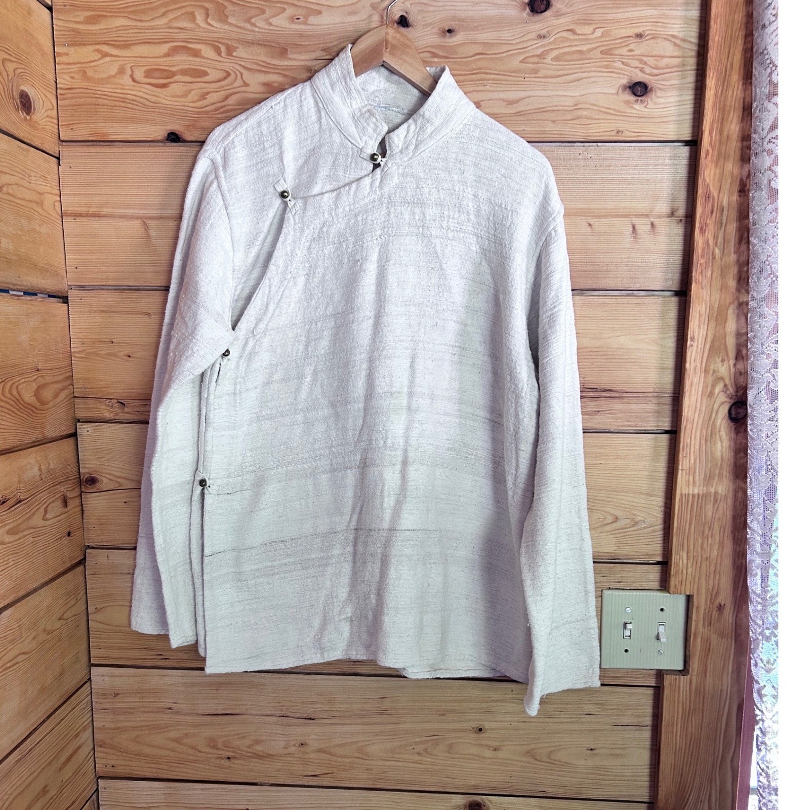 Vintage Linen Heavy Slub Asymmetric Frog Button Tunic Large Cream Heavy Thick