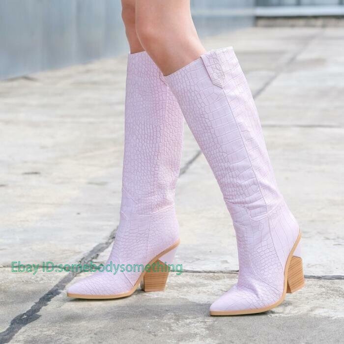 Women Pointy Toe Block Heel Cowboy Knee High Boots Pull On Outdoor Casual Shoes
