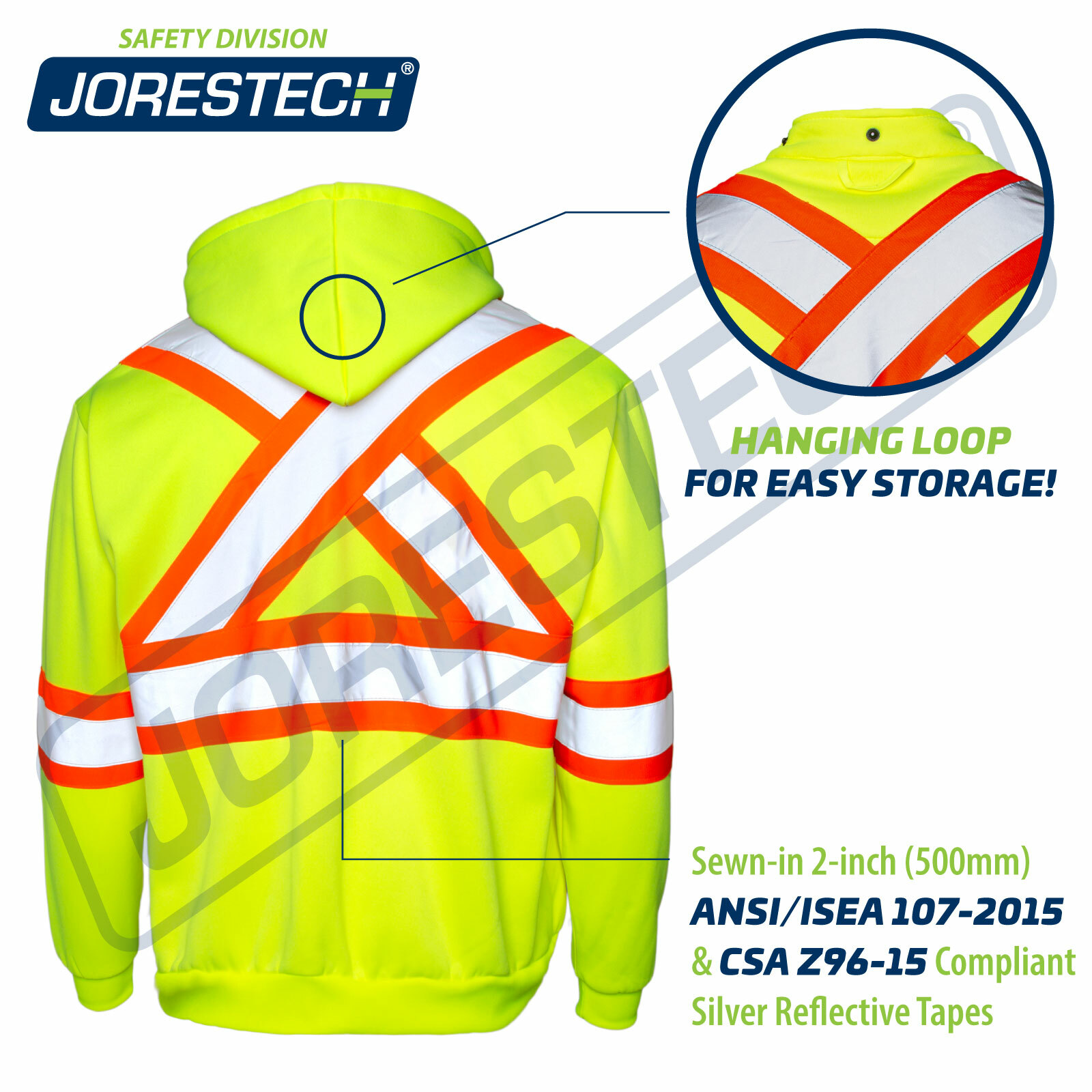 Men’s High Visibility Safety Hoodie Sweater Yellow with X on back Jorestech