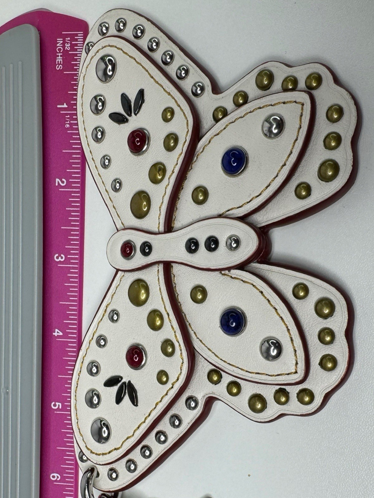 Coach Butterfly Large Leather Chalk White Colored Stone Metal Rivets Keychain