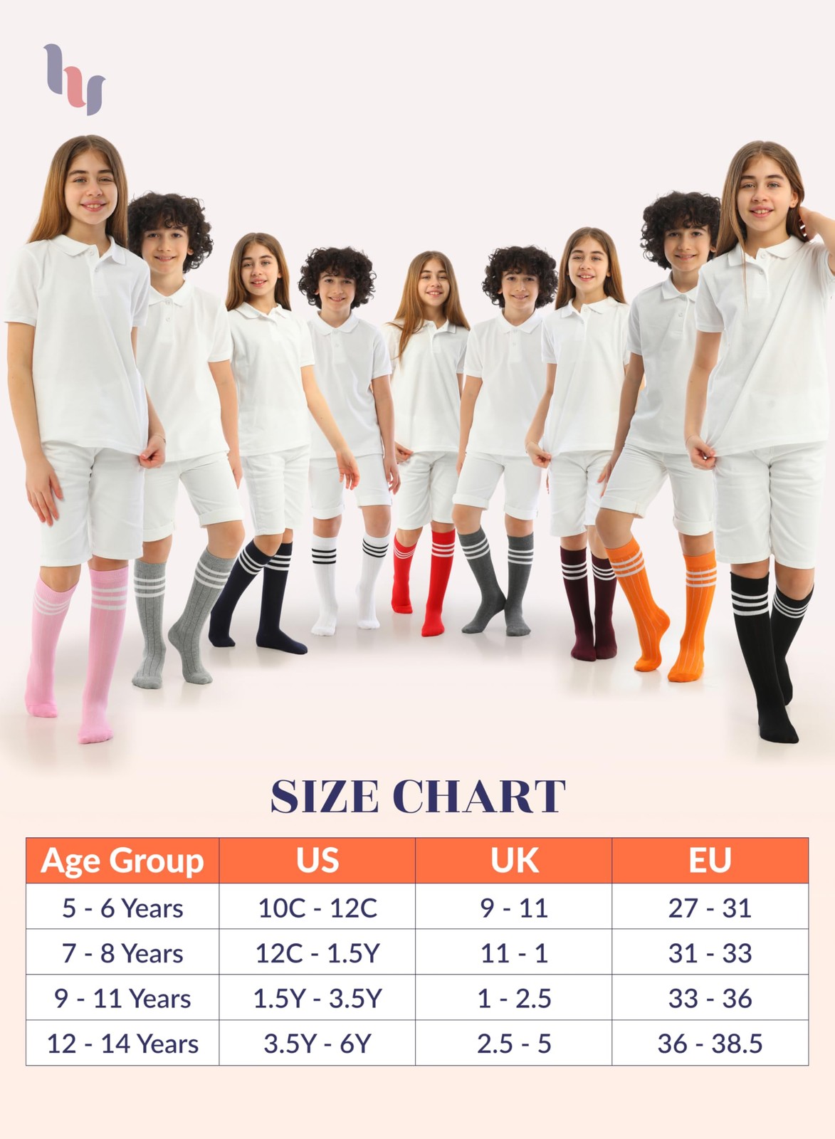 Hugh Ugoli Knee High Cotton Socks with Stripe for Girls/Boys 5-14 Years 4 Pairs